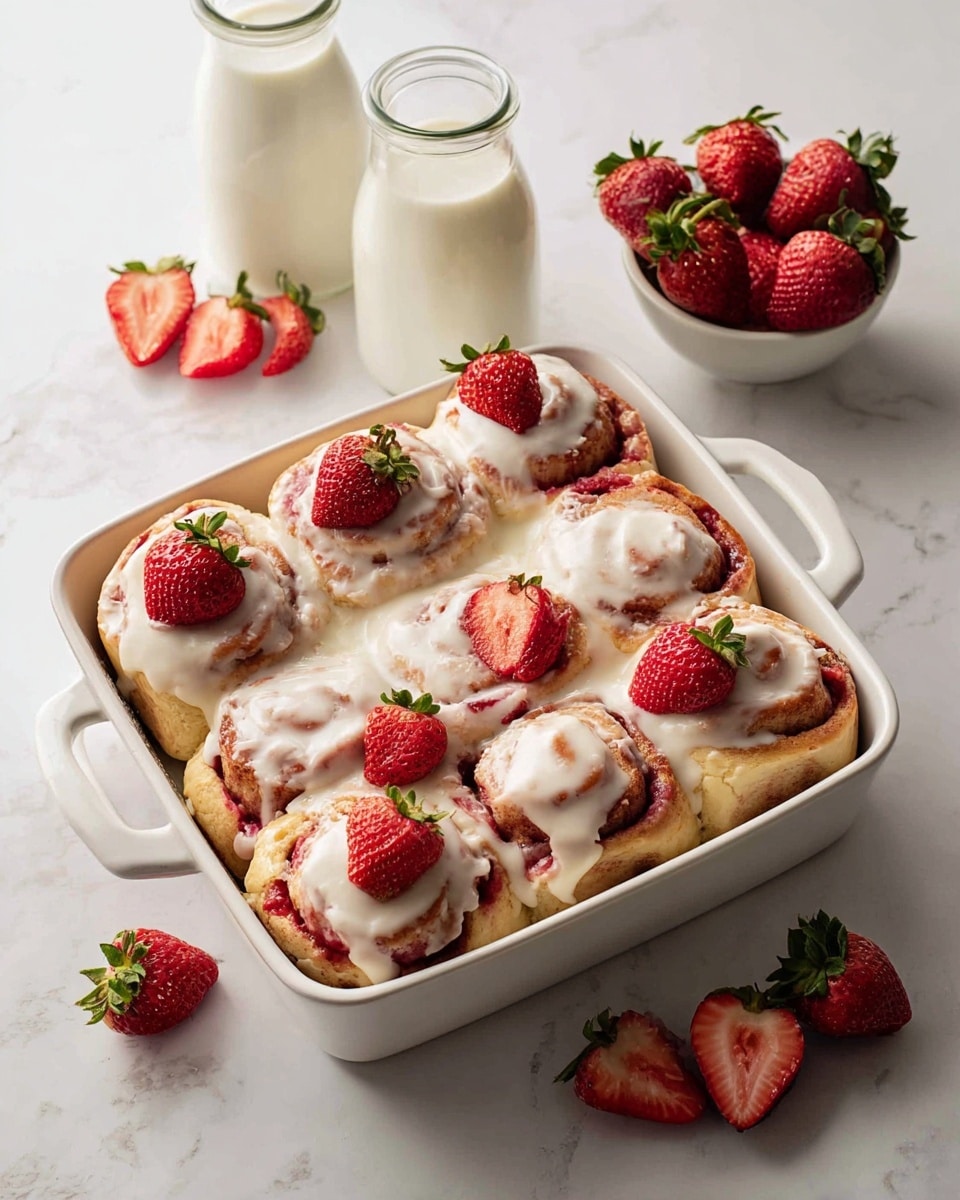The image shows a white square baking dish filled with nine strawberry cinnamon rolls arranged in three rows of three. Each roll has a golden-brown base with visible swirls of red strawberry filling inside, topped generously with a creamy white frosting that slightly drips down the sides. The rolls are decorated with halved fresh strawberries, placed on top and around the edges, adding a bright red color contrast. Around the baking dish, there are two glass milk bottles partially filled with milk and a small white bowl with whole and halved strawberries on a white marbled surface. photo taken with an iphone --ar 4:5 --v 7