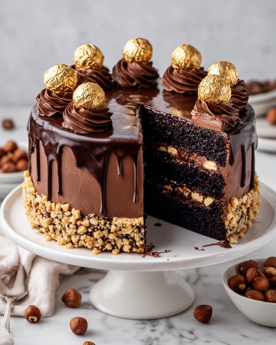 A three-layer dark chocolate cake is covered with smooth chocolate frosting, with a glossy chocolate ganache dripping slightly over the edges on top. Around the base of the cake, there is a thick band of crushed hazelnuts. On top, evenly spaced, there are swirls of chocolate cream, each topped with a shiny golden-wrapped chocolate ball. One slice is removed, showing the rich dark chocolate cake layers separated by a thick chocolate cream filling. The cake sits on a white cake stand, placed on a white marbled surface with scattered hazelnuts and a bowl of whole hazelnuts in the background. photo taken with an iphone --ar 4:5 --v 7