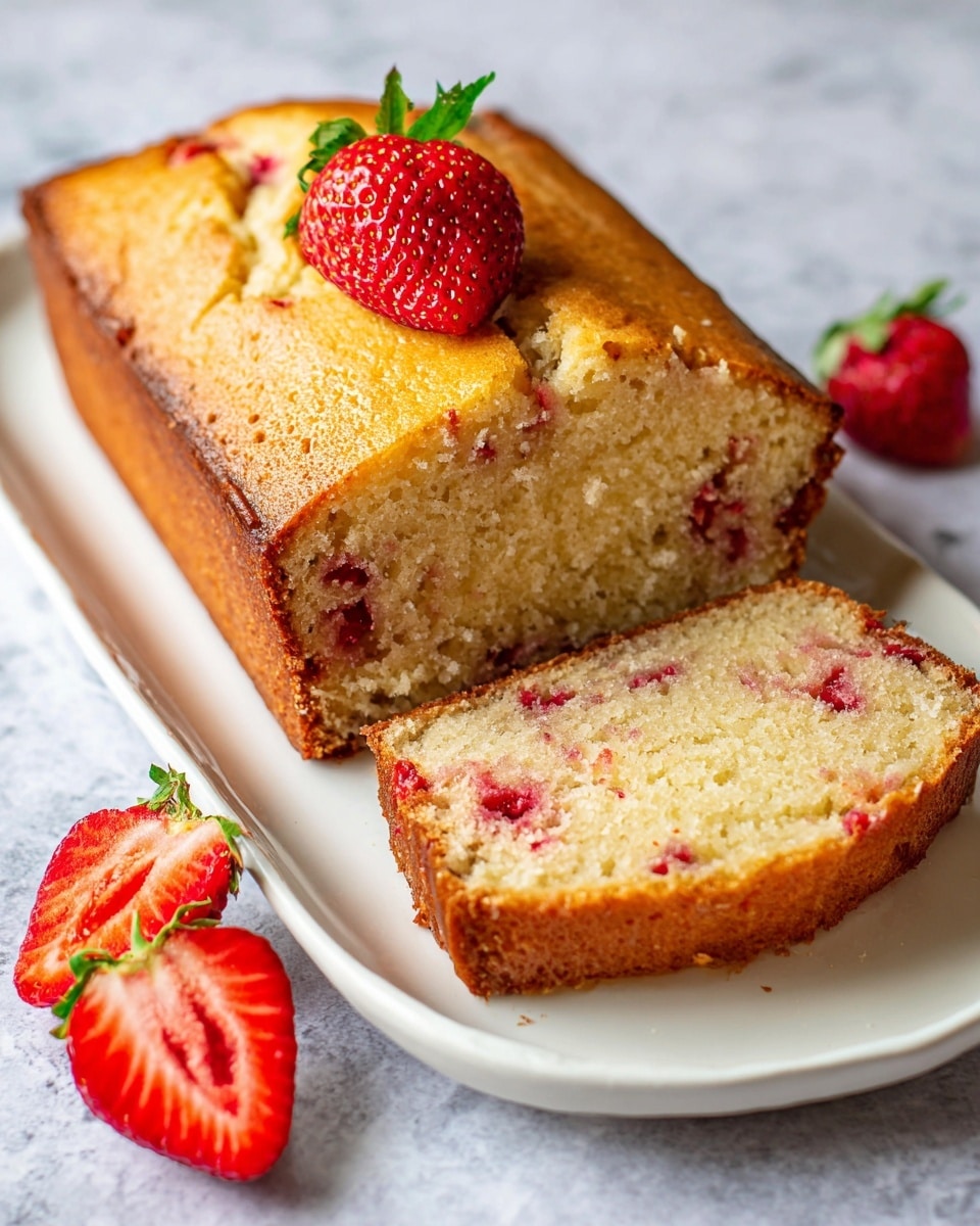 A rectangular loaf cake with a golden brown crust sits on a white plate placed on a white marbled surface. The cake is sliced to show a soft, light brown inside with visible red strawberry pieces spread throughout. On top of the loaf is one whole strawberry with a small green leaf, and sliced strawberries are arranged neatly beside the cake on the plate. In the background, a few whole strawberries add color and depth. Photo taken with an iphone --ar 4:5 --v 7