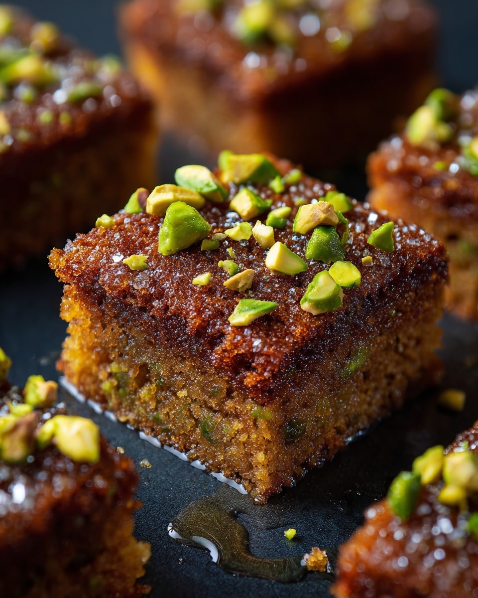 A close-up view of a square piece of dense, brown cake with a crumbly texture, topped with small chopped green pistachios scattered unevenly. The cake shows two clear layers: a lighter, slightly coarse bottom layer and a darker, moist top layer, both studded with bits of pistachio. The cake rests on a dark surface that contrasts with the warm golden-brown hues of the cake. Surrounding the main piece are other similar square pieces slightly out of focus. The image captures the glistening sugar or syrup coating on the cake's surface, making it look moist and rich. photo taken with an iphone --ar 4:5 --v 7