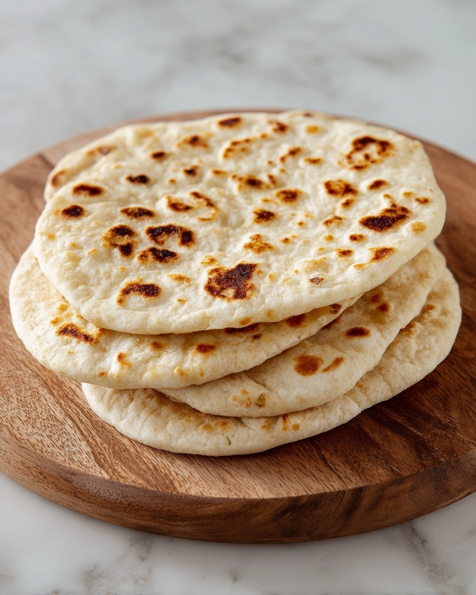 The image shows a stack of four round flatbreads with a slightly uneven, bubbly surface, and brown toasted spots scattered across their light golden color. They are placed on a wooden board, which rests on a white marbled textured surface. The flatbreads look soft and slightly thick, with a few air pockets visible on the top one. photo taken with an iphone --ar 4:5 --v 7