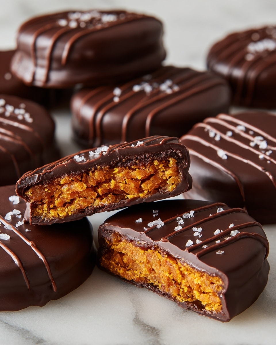 The image shows round chocolate-covered treats arranged on a white marbled textured surface with crumpled white parchment paper underneath. Each treat has a smooth, shiny dark brown chocolate coating on the outside. Some treats have a drizzle of extra chocolate lines across the top with small clusters of coarse white salt sprinkled on them. Two of the treats are cut in half, revealing the inside with an orange-brown textured filling that looks chewy and dense. The layers visible are the dark chocolate coating on the outside and the bright orange chewy filling inside. The appearance is rich and inviting, with a mix of smooth and rough textures, all evenly spaced on the surface. photo taken with an iphone --ar 4:5 --v 7