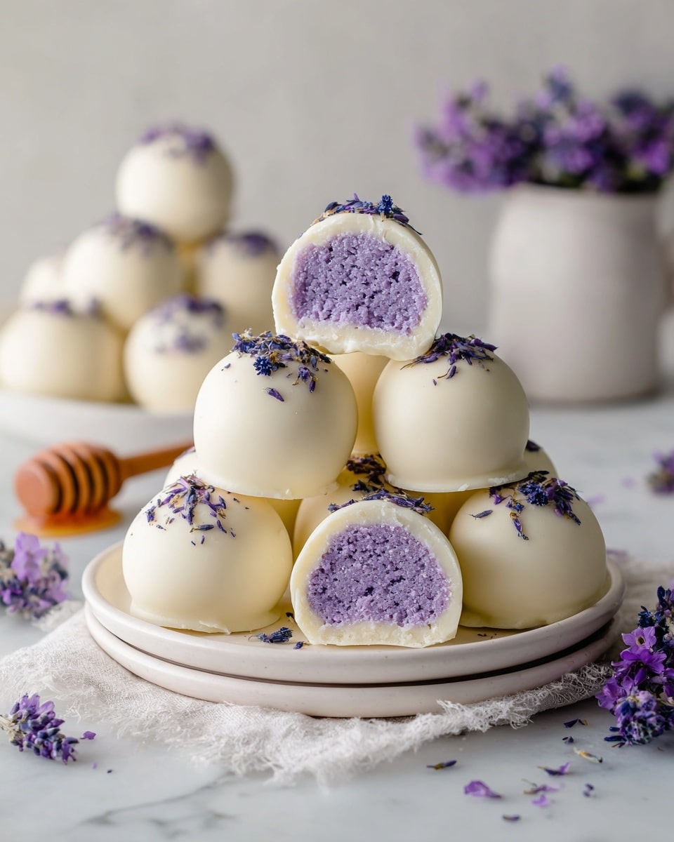 A stack of round white chocolate balls is placed on two white plates, one on top of the other, resting on a white gauzy cloth over a white marbled surface. Each ball is smooth and glossy with small purple flower petals scattered on top and around them. One ball near the top is cut in half, revealing a soft, ribbed pink inner layer with a creamy texture. In the background, some blurred purple flowers and a white ribbed jar with a wooden honey dipper add to the light, fresh setting. Photo taken with an iphone --ar 4:5 --v 7