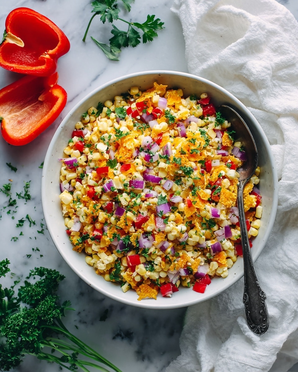 A white bowl filled with a colorful mix of ingredients is shown on a white marbled textured surface. The salad includes bright yellow corn kernels, small diced red bell peppers, finely chopped purple onions, and shredded pale orange cheese. There are crunchy-looking orange corn chips mixed throughout, giving texture and depth. Fresh green parsley leaves are sprinkled on top for garnish. A dark spoon with a curved handle is placed inside the bowl on the right side. A halved red bell pepper and some extra parsley leaves are nearby on the surface. A white cloth is draped casually on the right background. Photo taken with an iphone --ar 4:5 --v 7