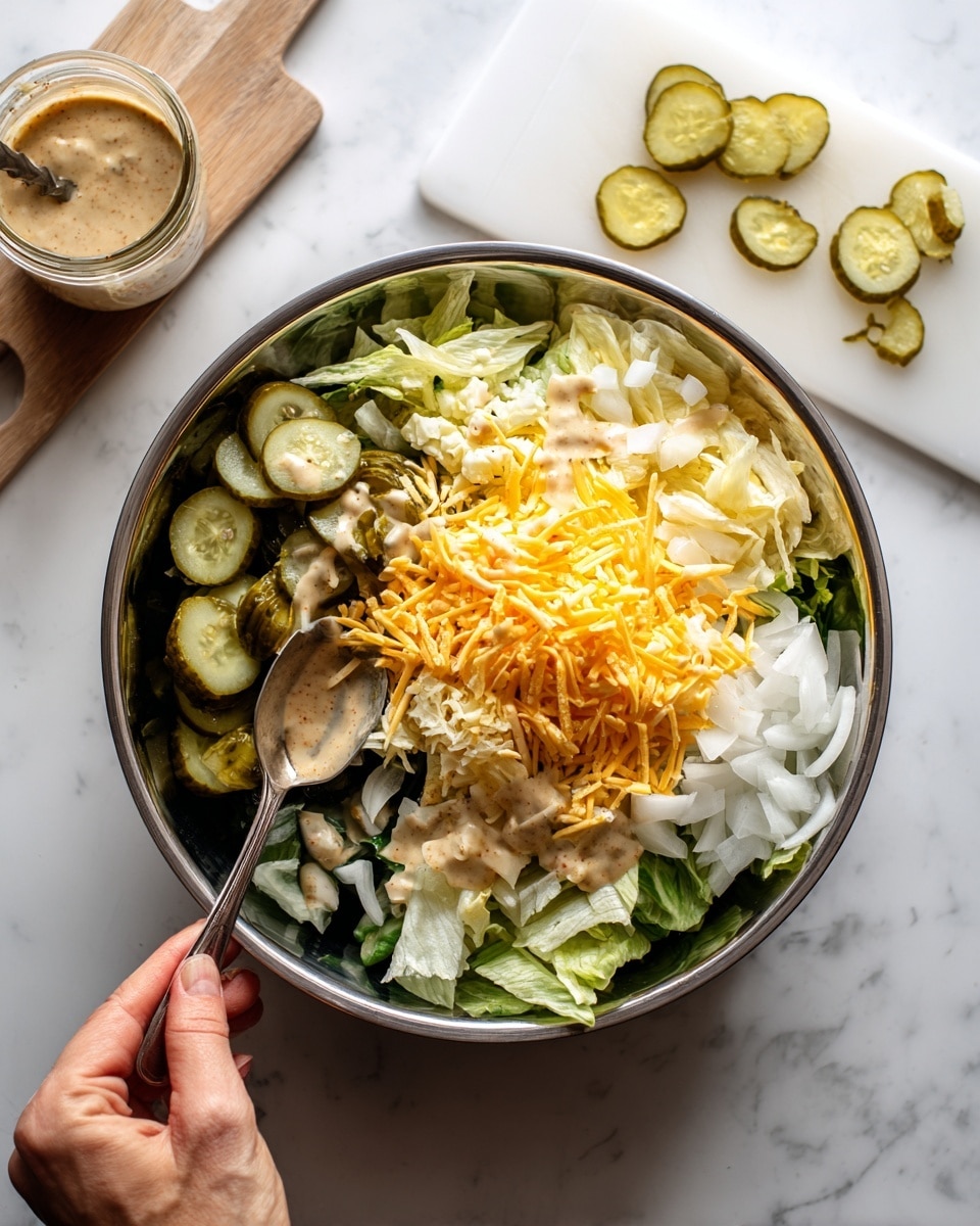 A stainless steel bowl contains a layered salad starting with green leafy lettuce at the bottom, topped with thin slices of pale onion and green pickles. There are small chunks of dark brown meat visible beneath some of the toppings. Bright orange shredded cheddar cheese is sprinkled over the salad, and creamy light brown dressing is being spooned on top. To the left, a white marbled surface shows a white cutting board with large chunks of white onion and three green pickle slices. A woman's hand holds the spoon with the dressing. Photo taken with an iphone --ar 4:5 --v 7