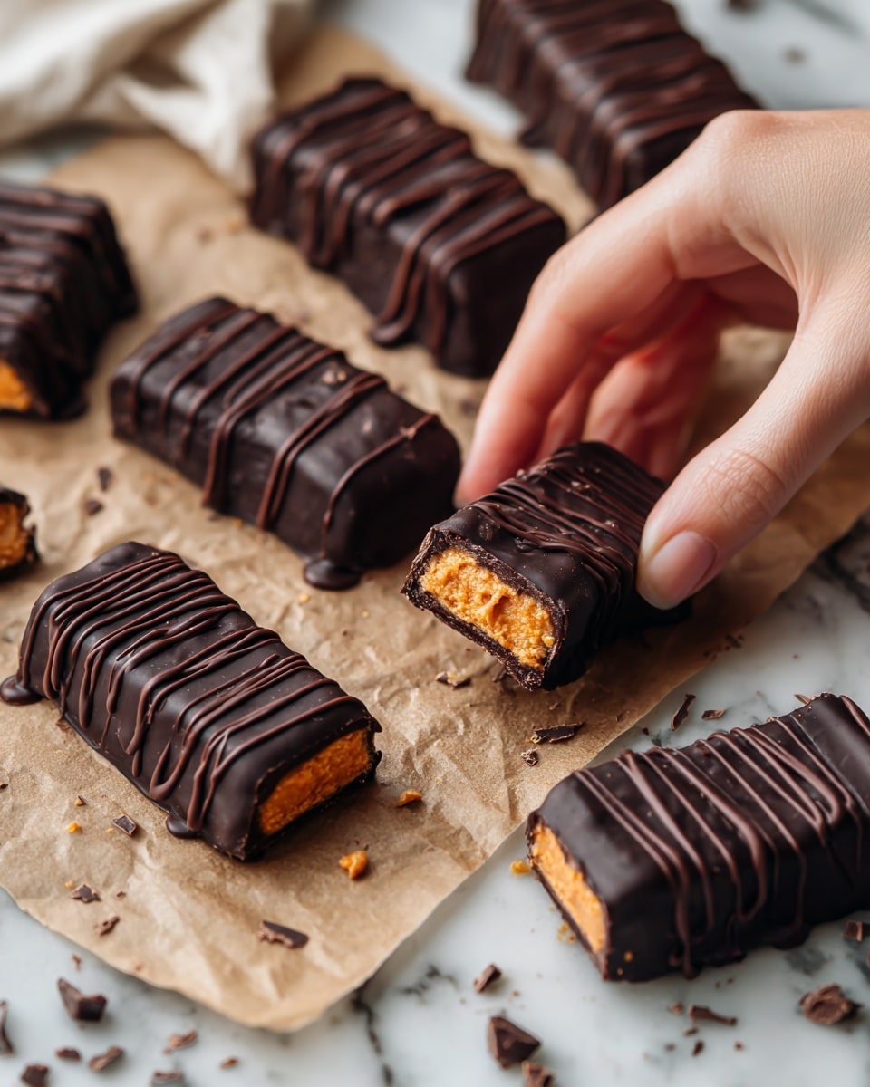 The image shows several chocolate-covered peanut butter bars on a light wooden tray placed on a white marbled surface. Each bar is coated in dark brown chocolate with a smooth texture and drizzled with thin lines of chocolate on top. Some bars are whole, while others are cut in half, showing a creamy, light brown peanut butter filling inside. A woman's hand is holding one of the bars. Small chocolate pieces are scattered around, adding texture to the scene. photo taken with an iphone --ar 4:5 --v 7