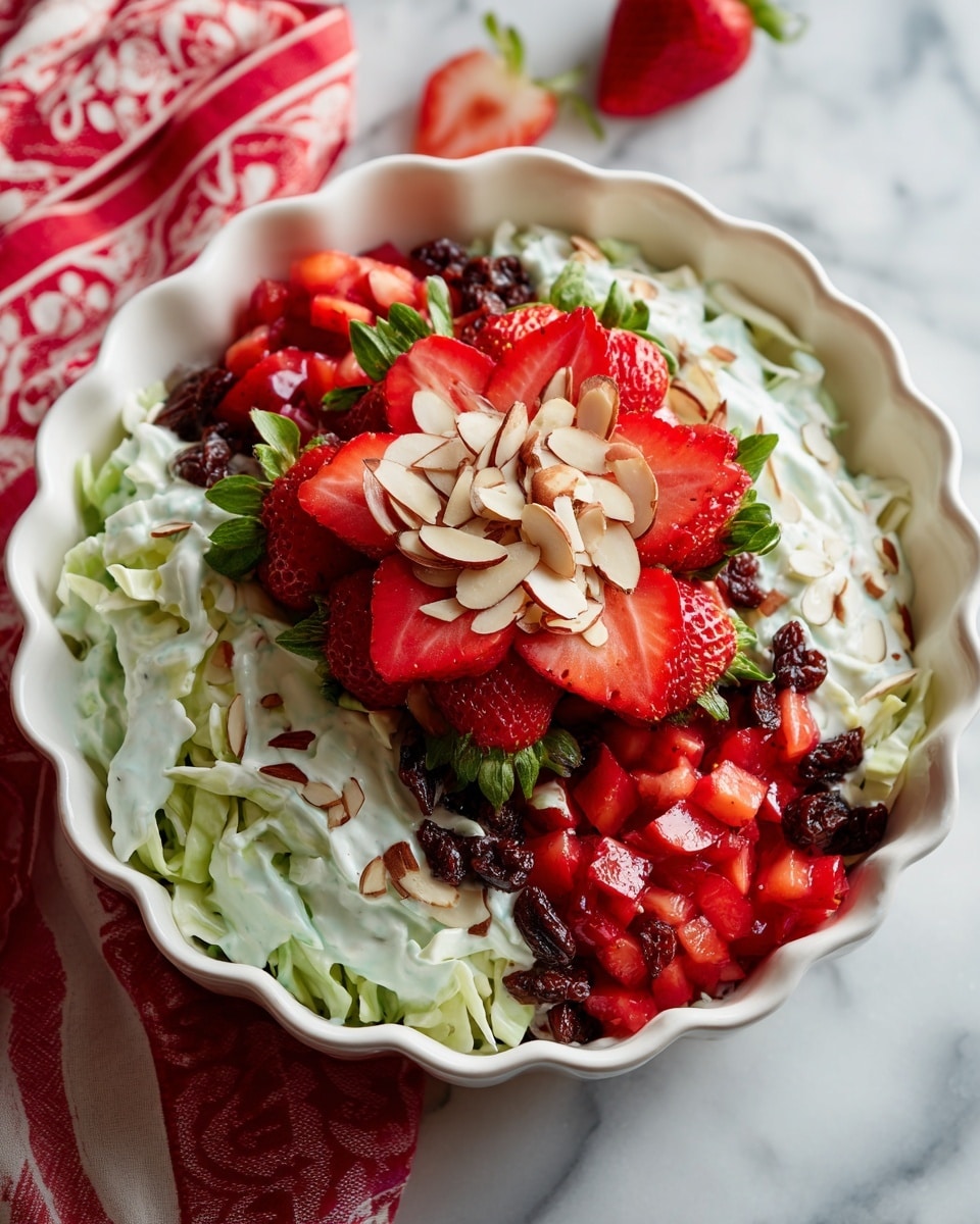 A creamy mixed salad served in a white scalloped bowl with three main layers: the bottom layer is white creamy dressing mixed with shredded pale green cabbage, the second layer shows bright red chopped strawberries and dark brown raisins evenly mixed in, and the top layer is garnished with thin light brown almond slices and a fan of fresh red strawberry slices with green leaves at the center. The bowl is set on a white marbled surface with a red and white cloth partially visible in the background. Photo taken with an iphone --ar 4:5 --v 7