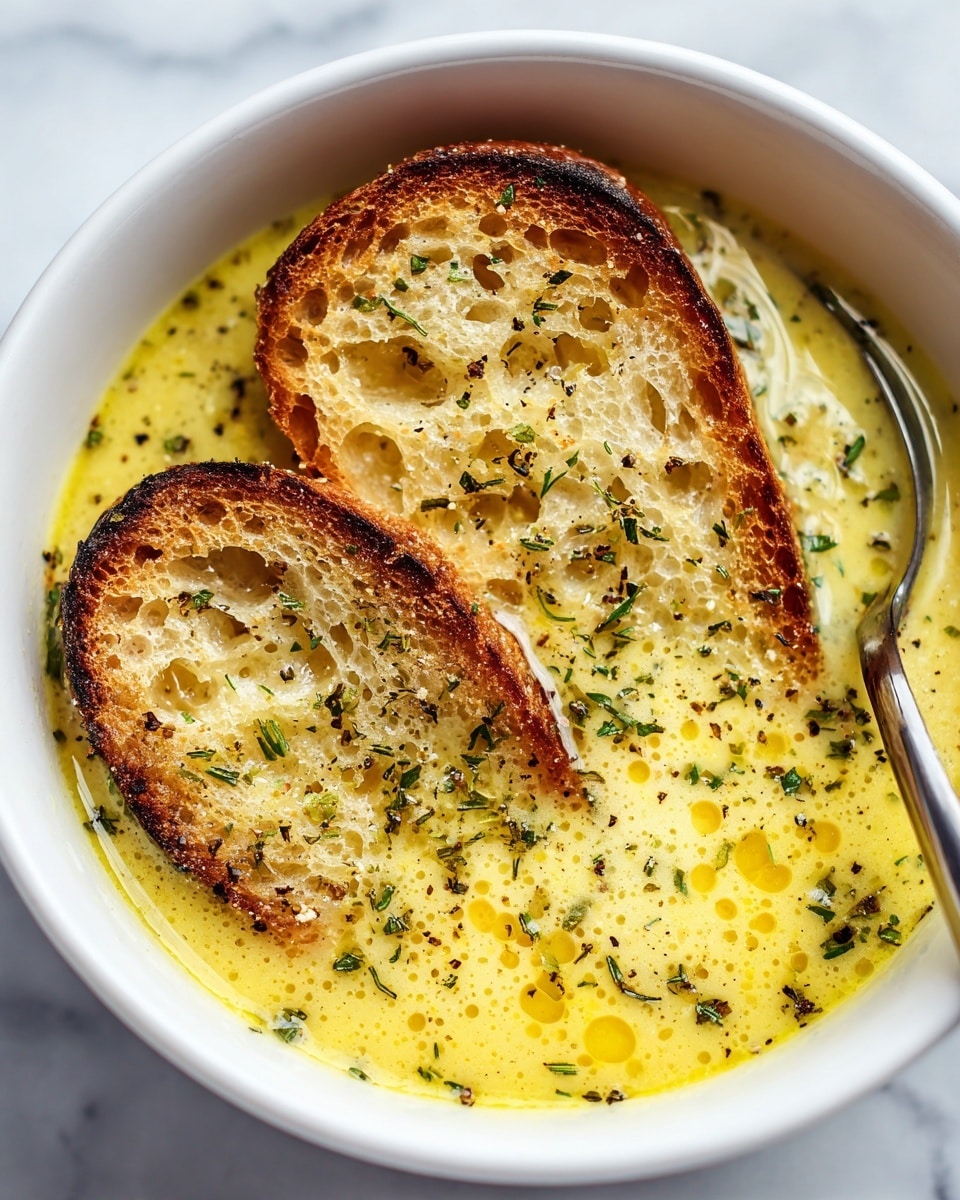 A white bowl filled with creamy yellow soup, topped with scattered green herbs and small droplets of oil creating a glossy texture on the surface. Two pieces of crusty bread with a golden brown outer crust and airy, hole-filled interior lean against the edge of the bowl, partially dipped into the soup. A silver spoon rests inside the bowl on the right side, its handle reflecting light. The bowl is set on a white marbled surface, providing a clean and bright background. photo taken with an iphone --ar 4:5 --v 7