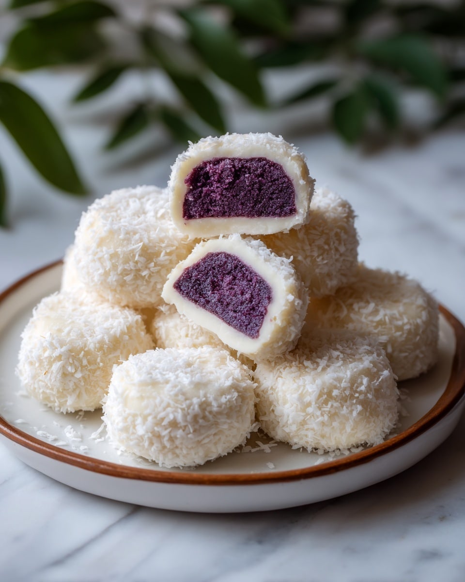 A stack of round sweets with two main layers sits on a white plate with a brown rim. The outer layer is creamy white, textured, and covered lightly with white coconut flakes. The inner layer is a deep purple, smooth but slightly crumbly, forming the center of each sweet. Some pieces are whole, and some are broken to show the contrast between the thick white outer layer and the dense purple center. The plate rests on a white marbled surface with dark green leaves blurred in the background. photo taken with an iphone --ar 4:5 --v 7