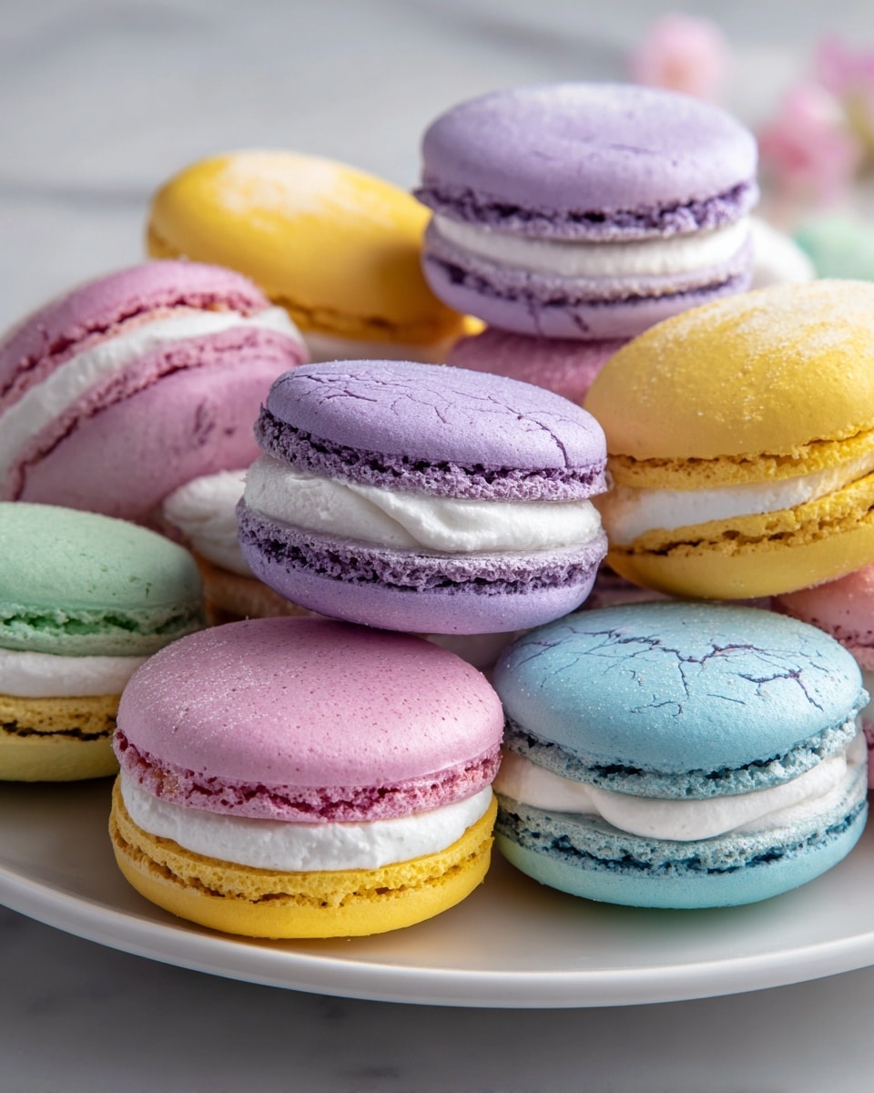A white plate filled with colorful macarons, each with two smooth, round cookie layers in pastel shades of purple, pink, yellow, blue, and green. Between each cookie pair is a thick layer of white cream filling, slightly showing and looking soft and smooth. The macarons sit closely together on a white marbled surface, with a clear mix of colors arranged unevenly but attractively. The cookie surfaces have subtle cracks and a light, powdery texture. photo taken with an iphone --ar 4:5 --v 7