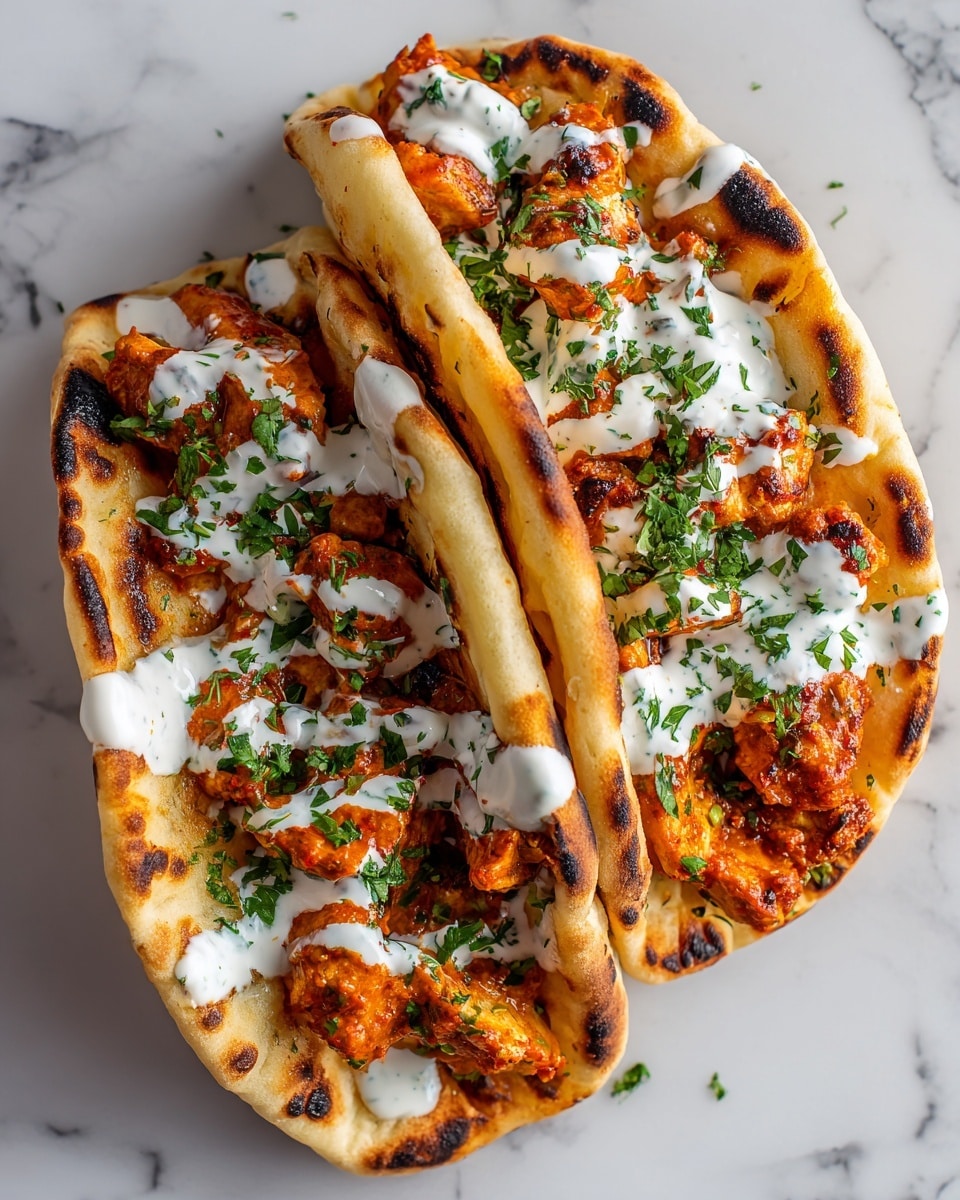 The image shows two thick, soft flatbreads folded in half, placed side by side on a white marbled surface. Each flatbread is a warm golden-brown with light charring spots on the surface. Inside the flatbreads are chunks of cooked chicken coated in a rich reddish-orange sauce. On top of the chicken is a thick drizzle of white sauce with green herb specks, giving a creamy look. Fresh green chopped herbs are sprinkled all over the chicken and sauce, adding a bright color contrast. The flatbreads are puffy and hold the filling well, showing a tasty and hearty taco-like dish. photo taken with an iphone --ar 4:5 --v 7