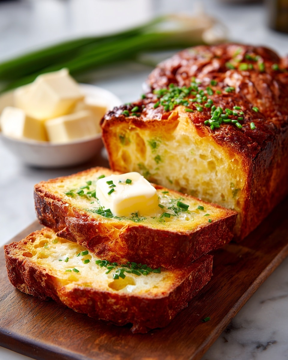A loaf of golden-brown bread sliced into three pieces lies on a wooden board. The bread has a thick, crispy crust with a rich brown color on the outside and a soft, light yellow inside with small holes and green chive pieces scattered throughout. A dollop of melted butter is spread on the top of the closest slice, sprinkled with fresh chopped chives. In the blurred background, there is a white bowl containing butter cubes and a few long green onions resting on a white marbled surface. photo taken with an iphone --ar 4:5 --v 7