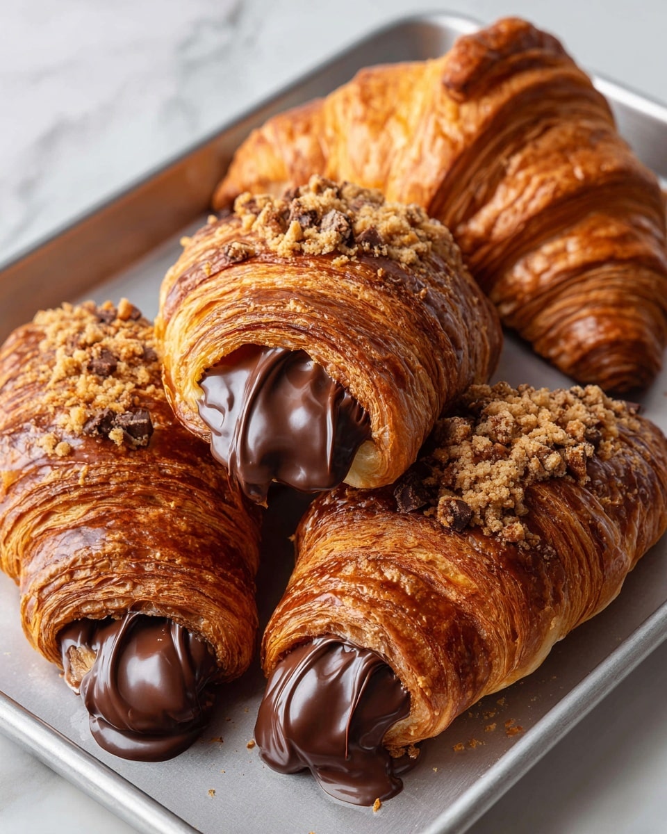 Four croissants are shown, three filled with thick, smooth dark chocolate that is melting and oozing out between the flaky, golden-brown layers of the pastry, topped with small chunks of chocolate cookie bits adding texture. One croissant in the back is plain with its crisp, shiny surface fully visible, showing many thin layers baked to a rich golden color. The croissants rest on a silver metal baking tray placed on a white marbled surface. Photo taken with an iphone --ar 4:5 --v 7
