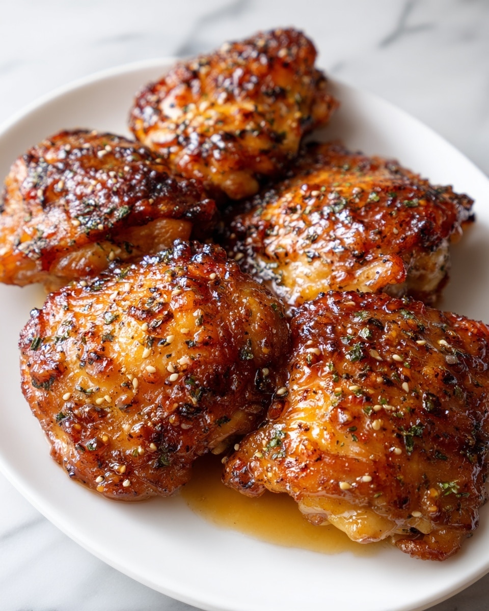 Five pieces of golden-brown baked chicken thighs with crispy skin are arranged closely on a white plate, each piece covered with a shiny glaze of sticky honey mustard sauce. The sauce is speckled with cracked black pepper, sesame seeds, and green dried herbs that add texture and color on top. The glossy sauce pools slightly at the bottom, creating bright yellow and amber reflections around the chicken. The close-up view highlights the crispiness and juiciness of the chicken skin against a soft, white marbled surface background. photo taken with an iphone --ar 4:5 --v 7