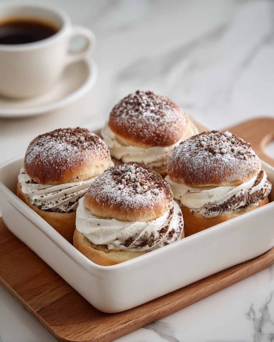 Four round pastries sit closely together inside a white rectangular dish on a wooden board. Each pastry has three visible layers: the bottom layer is a golden-brown soft dough base, the middle layer is a thick swirl of light cream filling with chocolate crumbs scattered on and around it, and the top layer is a slightly browned dough cap dusted with powdered sugar and topped with a pile of chocolate crumbs. The background shows a white cup and saucer with black coffee on a white marbled surface. Photo taken with an iphone --ar 4:5 --v 7