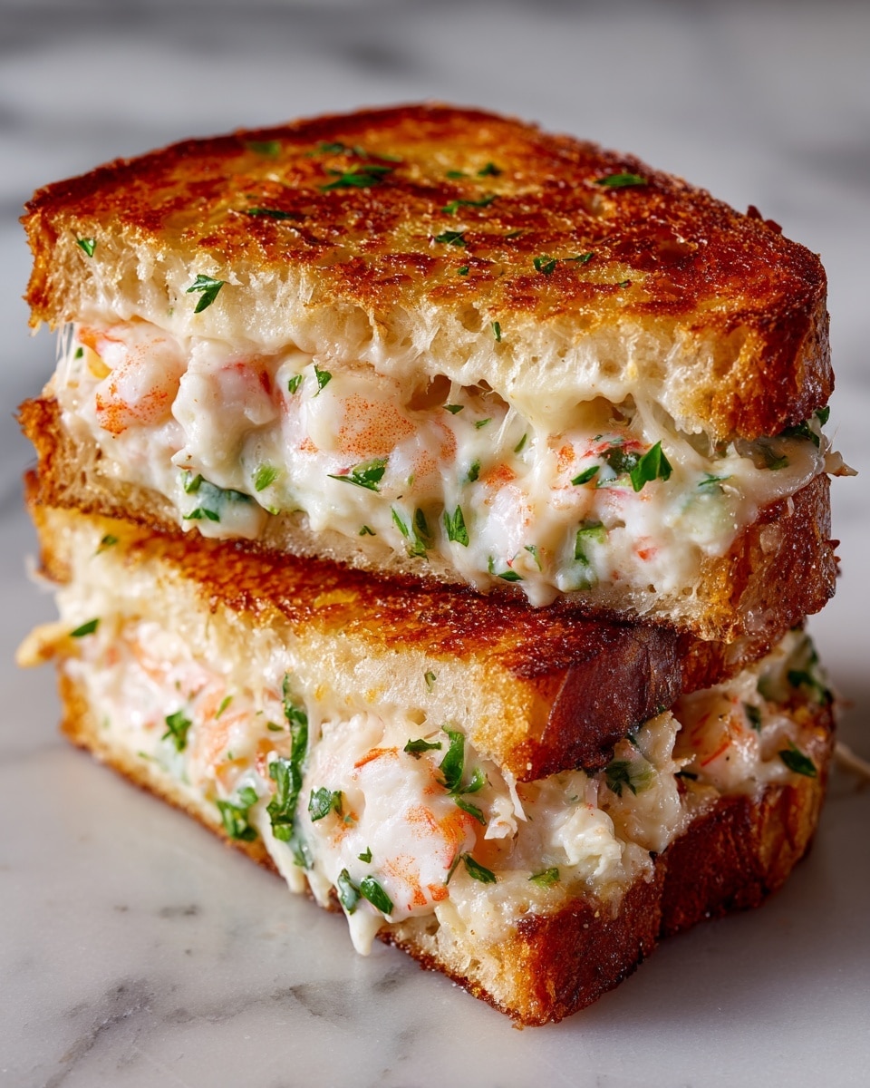 Two stacked sandwiches are shown close up, each with two main layers. The top and bottom layers are golden brown, crispy bread with a textured surface of toasted bubbles. The middle layer is melted white cheese mixed with pieces of pink shrimp and green parsley leaves scattered throughout. The sandwiches have a slightly glossy appearance from the melted cheese and are resting on a white marbled texture. photo taken with an iphone --ar 4:5 --v 7