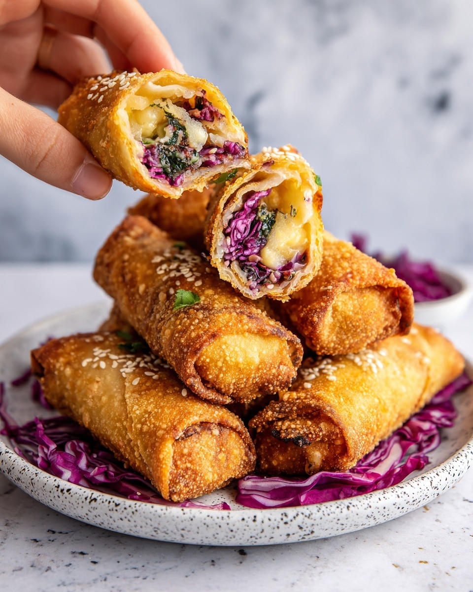 The image shows golden-brown fried spring rolls stacked on a white speckled plate with a white marbled surface underneath. One spring roll is cut in half and held by a woman's hand, revealing its inside, which has three layers: the outer crispy golden shell, a middle layer of melted pale yellow cheese, and an inner layer of purple-red cabbage mixed with green herbs. Small sesame seeds are sprinkled on the crispy shell, adding texture. The rolls rest on a few pieces of purple cabbage, creating a contrast with the warm colors of the rolls. Photo taken with an iphone --ar 4:5 --v 7