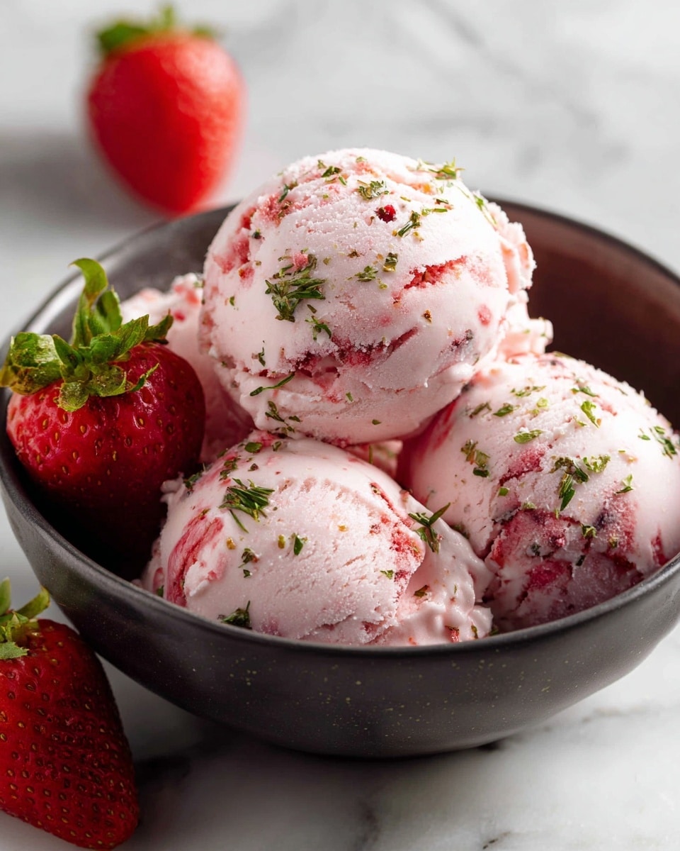 A dark gray bowl filled with three scoops of pale pink ice cream that has visible bright red berry pieces and small green herb bits mixed throughout, giving a textured look. The scoops are stacked closely inside the bowl. Next to the scoops, there is a fresh red strawberry with its green leaves still attached, placed inside the bowl on the right side. Additional whole strawberries with green tops are placed on a white marbled surface around the bowl. The scene is brightly lit, showing small frost crystals on the ice cream and the shine on the strawberries. photo taken with an iphone --ar 4:5 --v 7