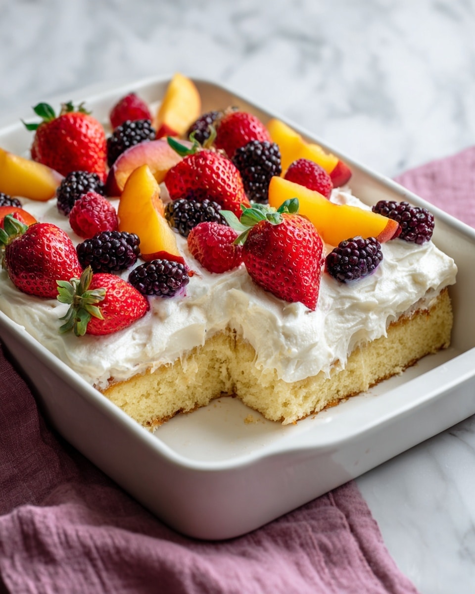 The image shows a white rectangular pan filled with a cake that has three layers. The bottom layer is a soft, light yellow cake. On top of that is a thick layer of white creamy frosting spread unevenly. The top layer is decorated with fresh fruit pieces including bright red strawberries cut in halves, dark purple-black blackberries, orange peach slices, and yellow apple slices, placed closely together on the creamy frosting. The pan is on a white marbled surface with a pink cloth on the side. photo taken with an iphone --ar 4:5 --v 7