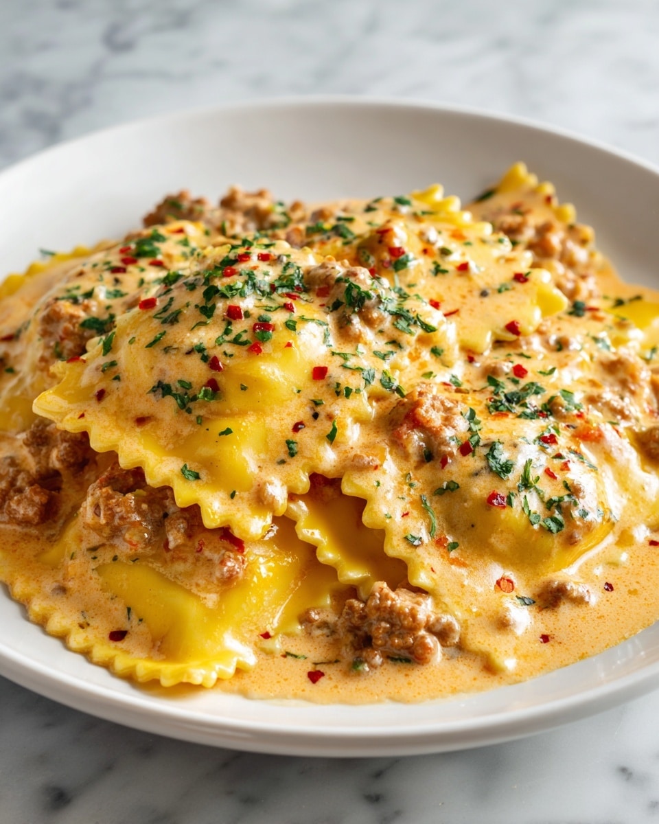 A close-up of a white plate filled with a creamy dish of large, folded ravioli pasta partially covered in a thick, orange-tinted creamy sauce with bits of ground sausage scattered throughout. The ravioli are light yellow with wavy edges and a soft, smooth texture. The sauce coats the pasta and meat, giving a shiny, rich look, and is garnished with small green parsley pieces sprinkled on top. The entire dish sits on a white marbled surface. photo taken with an iphone --ar 4:5 --v 7