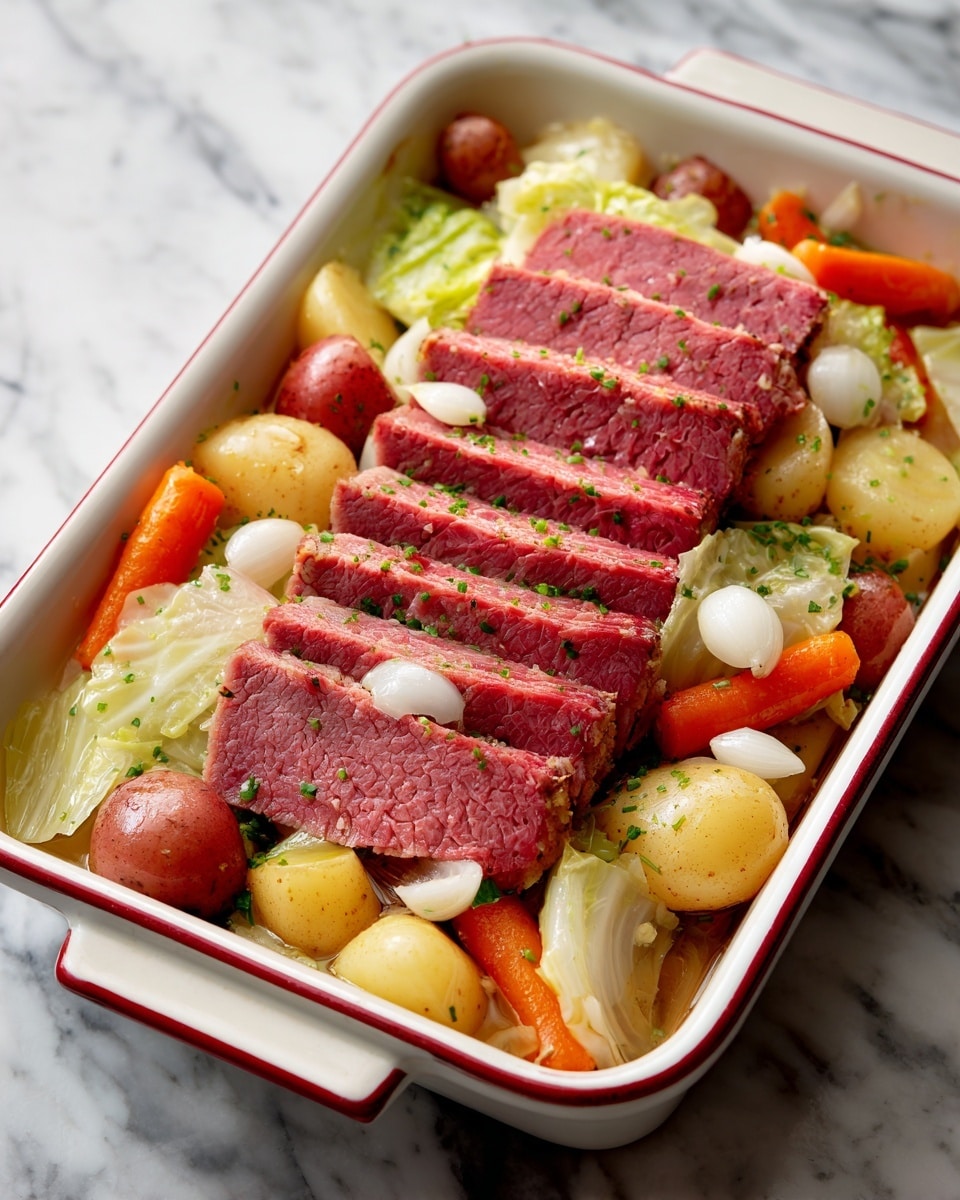 A white enamel tray filled with layers of food, starting with a base of steamed cabbage leaves in light yellow and pale green. On top of this base, there are chunky pieces of red-skinned potatoes cut into halves and quarters, along with bright orange carrot chunks scattered around. In the middle, there is a neat row of thick, pinkish-red corned beef slices with sear marks and a bit of green parsley sprinkled on top. Small white pearl onions are placed all over the dish, adding contrast. The tray sits on a white marbled surface. Photo taken with an iphone --ar 4:5 --v 7