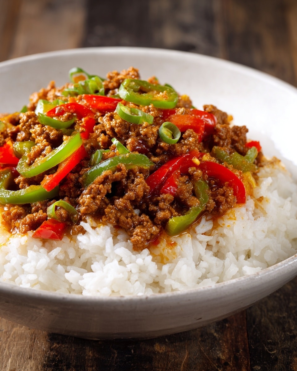A close-up of a white bowl filled with steamed white rice as the base layer, topped with cooked ground beef mixed with a shiny brown sauce, and layered with strips of red and green bell peppers and sliced onions, all coated in the sauce making them look glossy and tender. The colors stand out against the white rice and bowl, with the dish looking warm and freshly cooked. The background is a white marbled texture. photo taken with an iphone --ar 4:5 --v 7