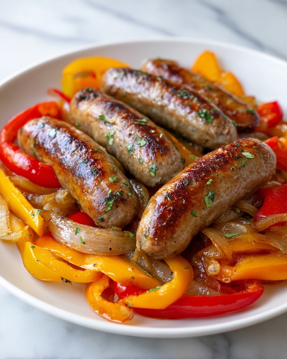 A white plate filled with four browned sausages topped with small green herb bits, surrounded by cooked slices of red, yellow, and orange bell peppers and light brown grilled onions with a shiny, slightly oily texture. The sausages and vegetables are arranged in a cozy heap, showing a mix of soft and slightly crispy edges. The background is a white marbled surface. photo taken with an iphone --ar 4:5 --v 7