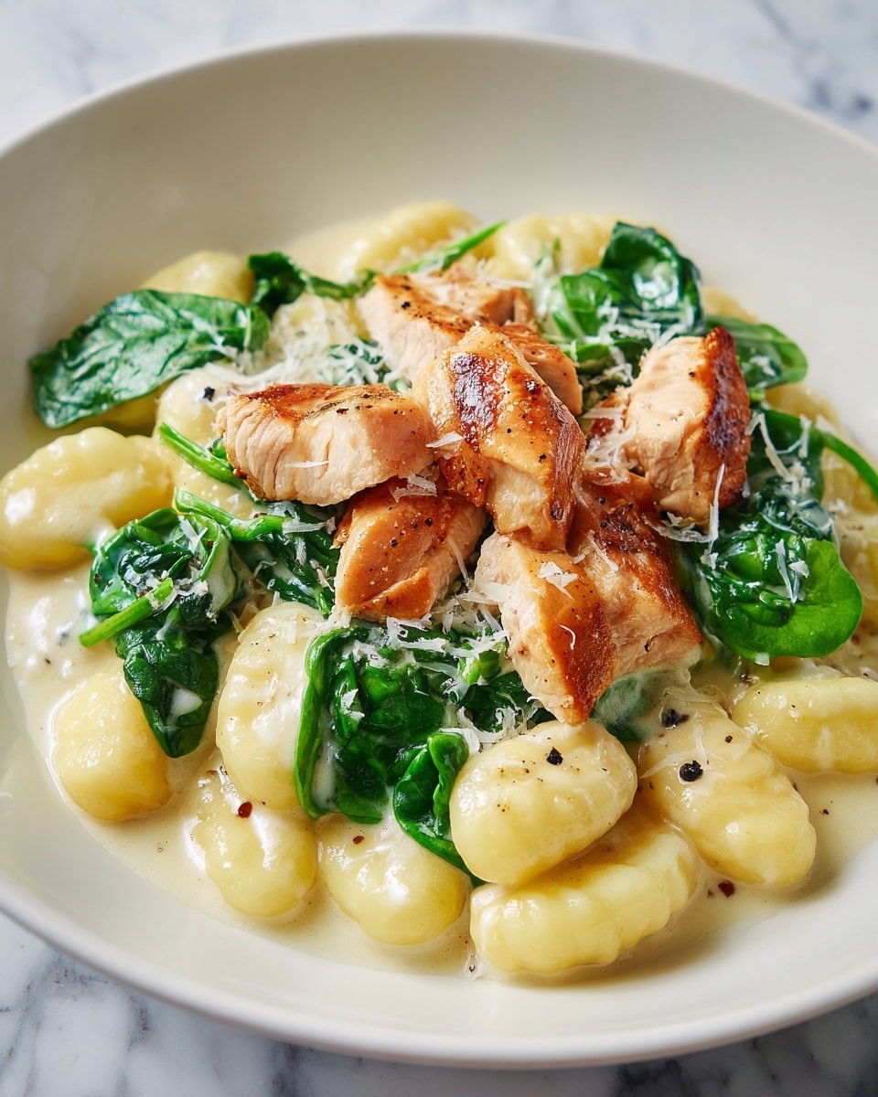 The image shows a white bowl filled with soft gnocchi coated in a creamy white sauce. Mixed in are vibrant green spinach leaves that add a fresh color contrast. On top, there are several pieces of golden-browned chicken, sliced and scattered evenly across the dish. The meal is finished with a sprinkling of grated cheese and black pepper, adding texture and a speckled look to the surface. The background is a white marbled texture. photo taken with an iphone --ar 4:5 --v 7