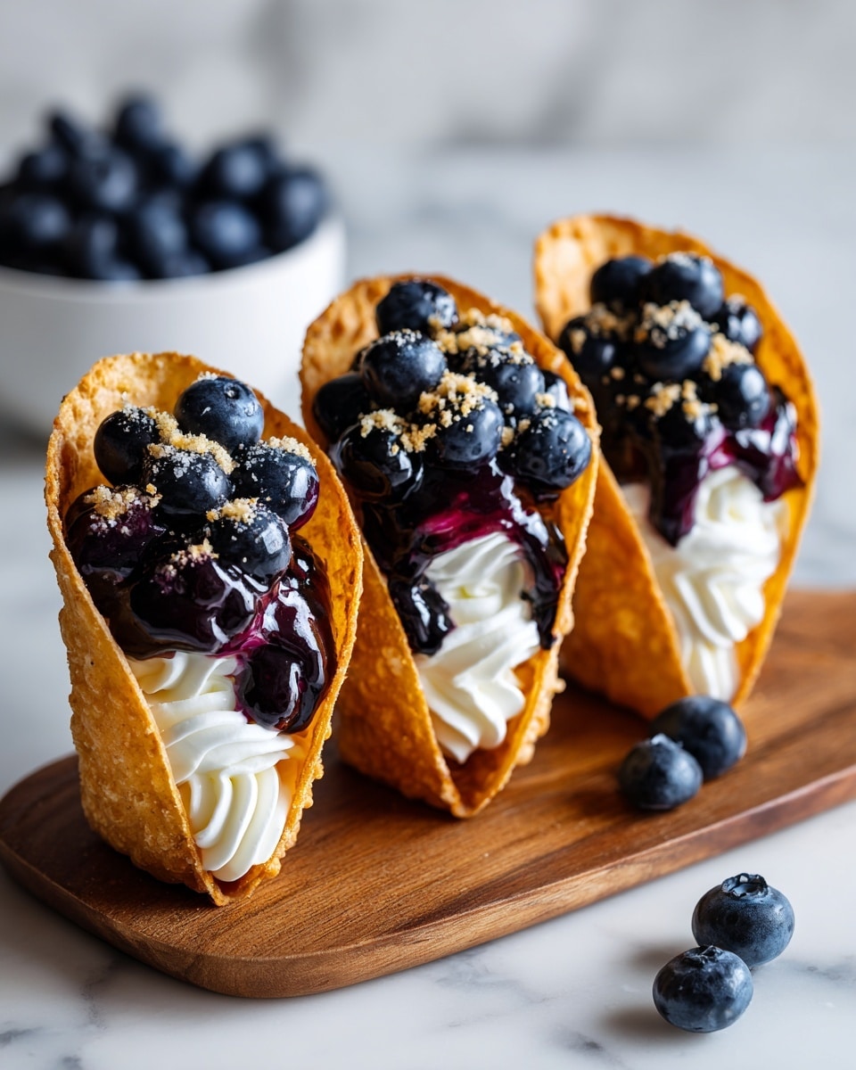 The image shows three golden-brown crunchy taco shells standing upright in a row on a wooden board. Each shell is filled with a smooth, swirled layer of white cream that fills the bottom half of the shell. On top of the cream, there is a shiny layer of dark purple blueberry sauce, with whole blueberries scattered generously over the sauce and cream. The shells have a crumbly texture with small crumb pieces on the surface and some crumbs fallen on the wooden board. In the background, there is a white bowl filled with fresh blueberries, placed on a white marbled surface. photo taken with an iphone --ar 4:5 --v 7