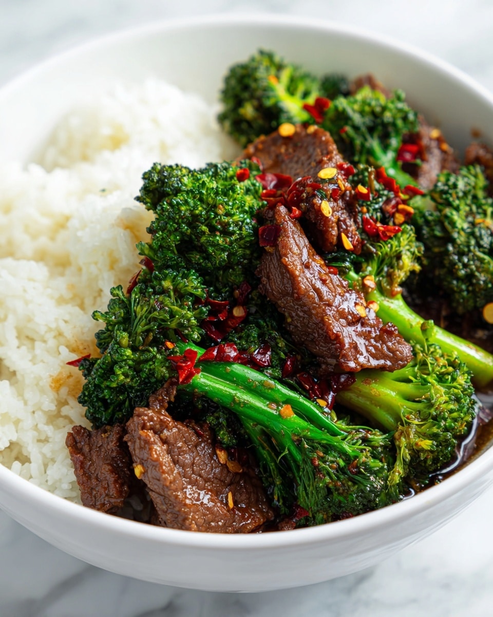 The image shows a close-up of a bowl filled with three layers. The bottom layer is white rice with a fluffy texture, covering half of the bowl. On top of the rice is a generous amount of bright green broccoli florets, fresh and slightly glossy. Mixed in with the broccoli are many pieces of dark brown, tender-looking beef strips coated in a shiny, dark sauce that adds a rich texture and a slight gloss. The bowl is white and set on a white marbled surface, enhancing the colors of the food. photo taken with an iphone --ar 4:5 --v 7