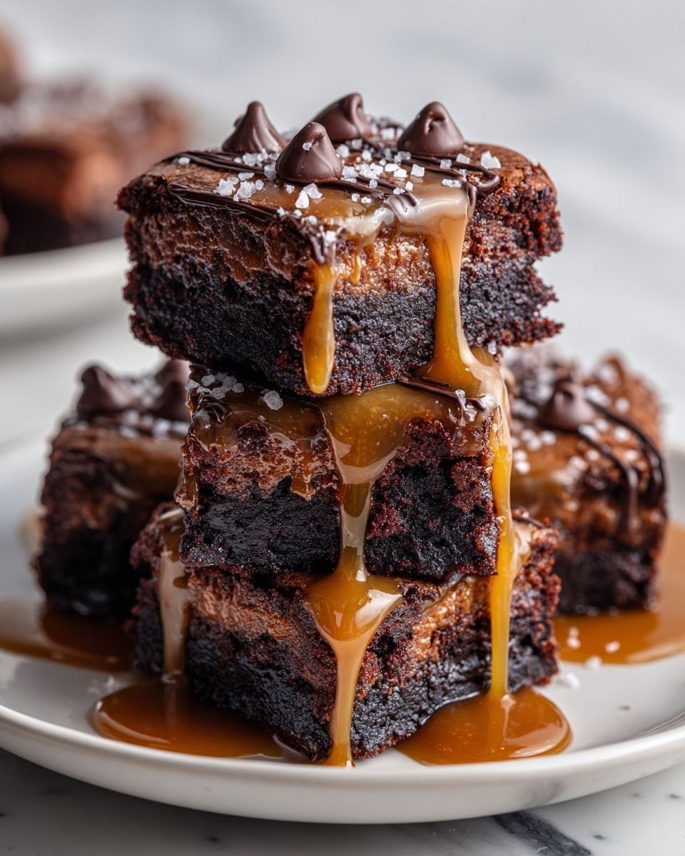 A stack of rich, dark brown brownies with a smooth, lighter chocolate layer on top is shown on a white plate placed on a white marbled texture. The brownies have thick caramel sauce dripping down their sides, pooling slightly on the plate. Each brownie is decorated with small dollops of dark chocolate and sprinkled with coarse sea salt crystals, adding texture and shine. The image focuses closely on the layered brownies, highlighting their moist and dense texture with glossy caramel and chocolate details. photo taken with an iphone --ar 4:5 --v 7