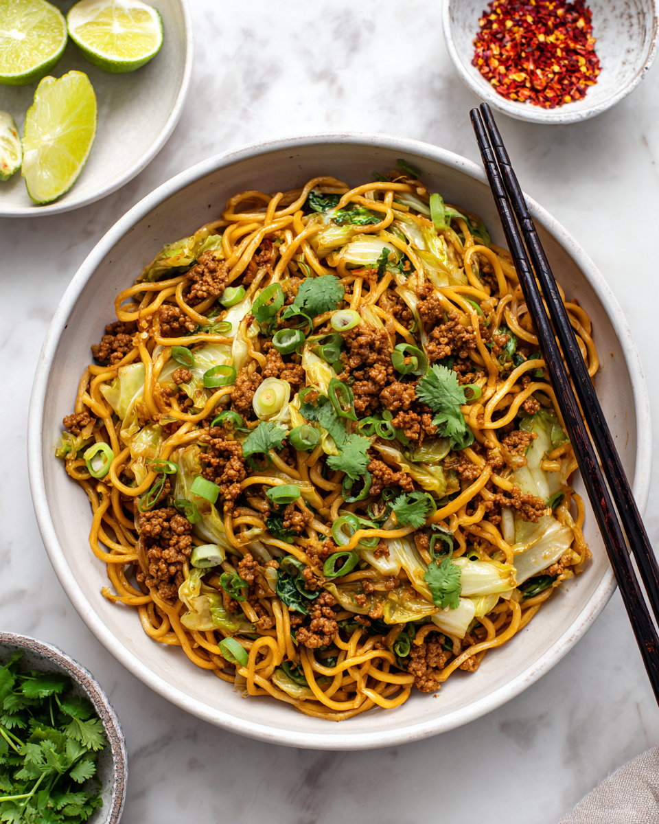 A white bowl filled with stir-fried noodles that have a glossy, slightly oily texture and are golden brown in color, mixed with browned ground meat pieces and translucent cooked cabbage leaves. On top, there are scattered bright green chopped spring onions and fresh cilantro leaves. A pair of black chopsticks rests on the edge of the bowl, slightly submerged in the noodles. The bowl sits on a dark surface with a white marbled texture underneath, and small bowls with lime wedges and red chili flakes are blurred in the background. Photo taken with an iphone --ar 4:5 --v 7