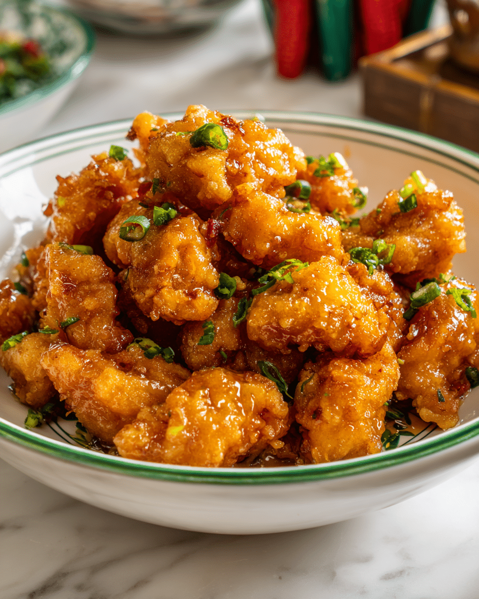 The image shows a white bowl with a green rim filled with golden crispy fried chicken pieces. The chicken is glazed with a shiny, sticky sauce that gives the pieces a slightly reddish-brown color. Mixed in with the chicken are fresh green spinach leaves and chopped green onions, adding vivid green accents. The bowl sits on a white marbled surface with a soft blurred background that suggests a cozy kitchen setting. Photo taken with an iphone --ar 4:5 --v 7