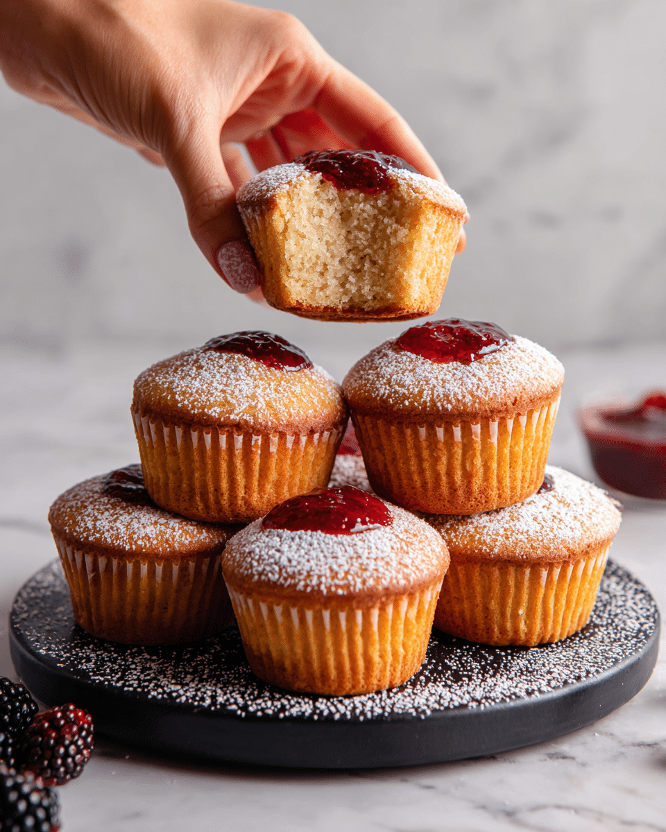 A group of seven golden-brown cupcakes with powdered sugar dusted on top sits stacked on a round dark cake stand lined with white parchment paper. Each cupcake has a small dollop of glossy dark berry jam in the center, except one cupcake held above the others by a woman's hand, broken in half to show the soft, light yellow crumb inside and a deep purple jam filling. Scattered around the base of the stand are a few loose dollops of the same jam and some dark berries, all set on a white marbled surface with a soft, muted background. photo taken with an iphone --ar 4:5 --v 7