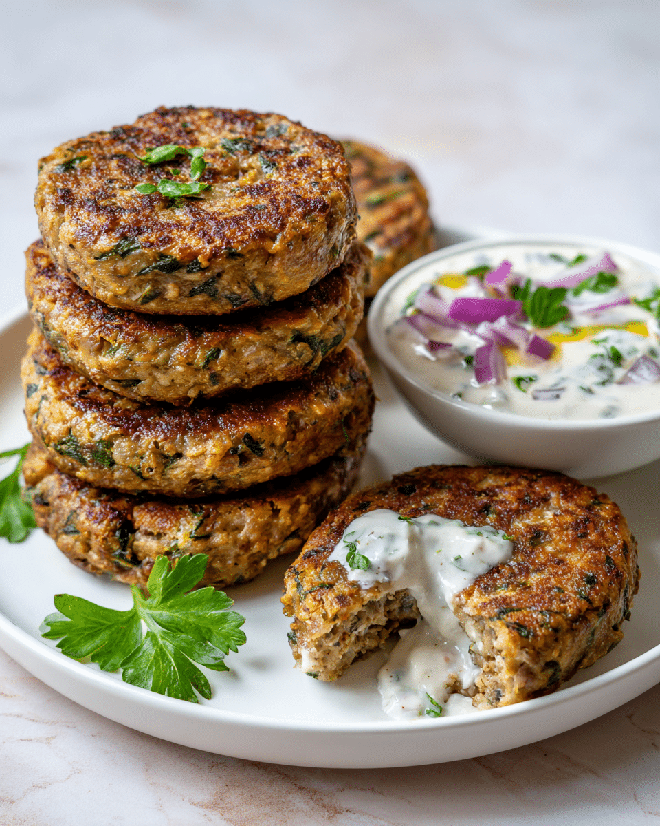 A white plate holds six round, thick patties with a golden-brown, slightly crispy outside and green leafy bits visible throughout, suggesting fresh herbs mixed into the meat. The patties have a textured surface with areas of char that add a darker brown contrast. To the upper left side of the plate, there is a small white bowl filled with a creamy white sauce garnished with small purple onion pieces and green herbs, with a drizzle of olive oil floating on top. Some fresh green leaves are used as garnish around the patties, placed on a white marbled surface. Photo taken with an iphone --ar 4:5 --v 7