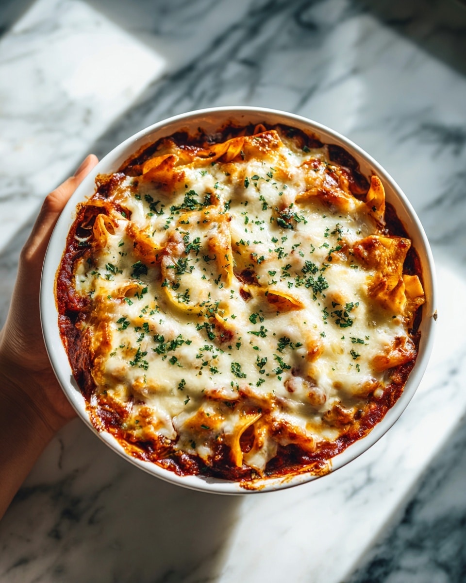 A white bowl is held by a woman's hand, filled with a baked dish that has three clear layers. The bottom layer is a deep red sauce with a chunky texture, topped by a golden-brown baked pasta layer with curved pieces. On top, there is a thick layer of melted white cheese, slightly browned and bubbly with some green chopped herbs sprinkled evenly over it. The bowl sits against a background with a white marbled texture, and soft natural light highlights the dish's warm, rich colors. photo taken with an iphone --ar 4:5 --v 7