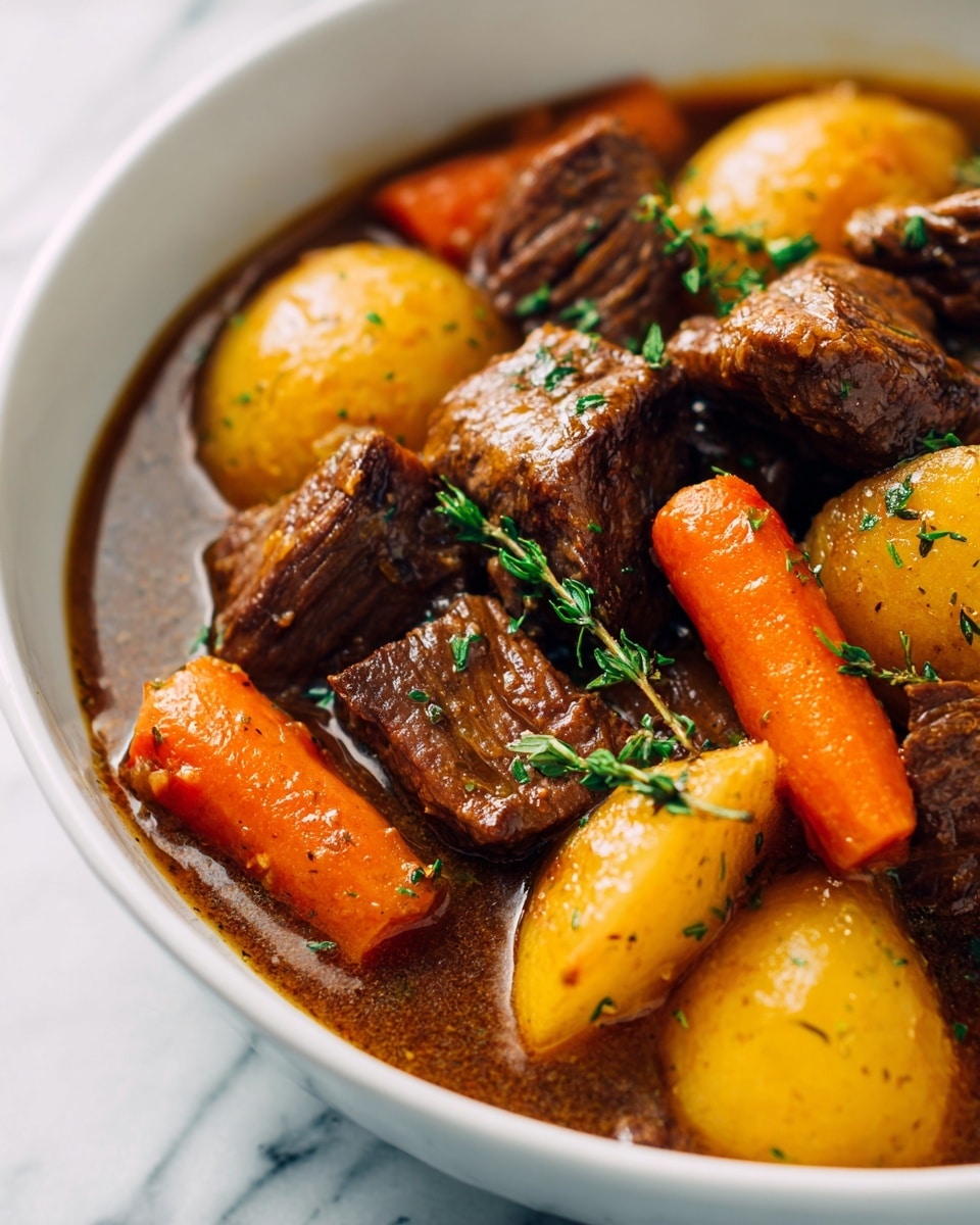A white bowl filled with a thick, brown stew showing a mix of large, chunky pieces layered in a rich broth; the stew consists of three main layers: dark brown, seared beef cubes with a rough texture, bright orange carrot chunks with a soft, slightly shiny surface, and yellowish-brown potato cubes with a smooth yet slightly grainy look, all evenly distributed and partially submerged in the glossy, dark brown sauce, small green herb bits lightly scattered throughout. photo taken with an iphone --ar 4:5 --v 7