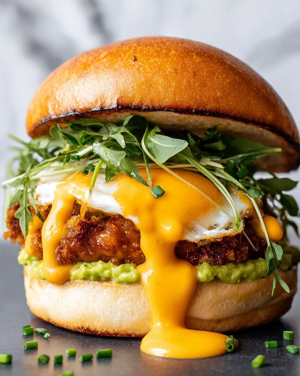 This image shows a close-up of a tall breakfast sandwich with five distinct layers. At the bottom is a soft, lightly toasted bun with a light golden-brown color and a slightly fluffy texture. Above this lies a spread of light green avocado mash, peeking out with a creamy texture. Next, there is a handful of dark green arugula leaves, adding a fresh element. On top of the leaves is a thick, golden-brown crispy piece of grilled halloumi cheese, which is covered in a generous layer of creamy, light orange sauce that drips down the sides. The fourth layer is a fried egg with a bright yellow yolk and white edges that appear cooked but soft, placed directly above the cheese and sauce. The sandwich is finished with a thick slice of golden-brown grilled bread that has a crisp and slightly charred surface, dotted with tiny green onion pieces scattered on top and around the sandwich. The sandwich rests on a dark surface with a blurred gray background, but the surface has been changed to a white marbled texture. Photo taken with an iphone --ar 4:5 --v 7