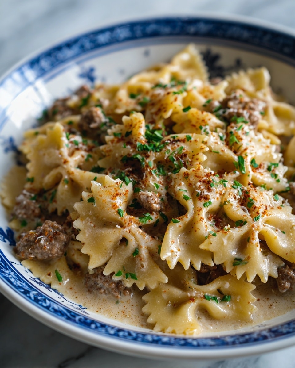 A deep white bowl filled with three layers: the bottom layer is creamy white sauce, covering most of the bowl's base; the middle layer has light yellow bowtie pasta with a smooth, slightly glossy texture, arranged evenly; the top layer is made of small, brown cooked ground meat pieces scattered over the pasta, sprinkled with finely chopped bright green parsley leaves and a light dusting of reddish-brown spices. The bowl sits on a white marbled surface. photo taken with an iphone --ar 4:5 --v 7