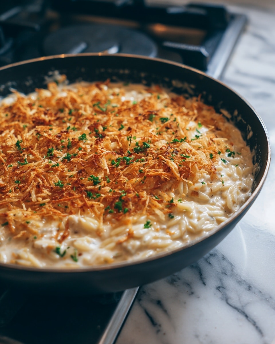 A close-up view of a creamy pasta dish in a dark pan, showing one main layer of tender, yellowish orzo pasta mixed with white creamy sauce and small pieces of white chicken peeking through. The top layer features golden brown, crispy fried onion strings spread evenly, adding texture and a crunchy look. Small bits of green parsley are sprinkled across, giving a fresh touch. The background shows a white marbled texture that softly contrasts the pan. photo taken with an iphone --ar 4:5 --v 7