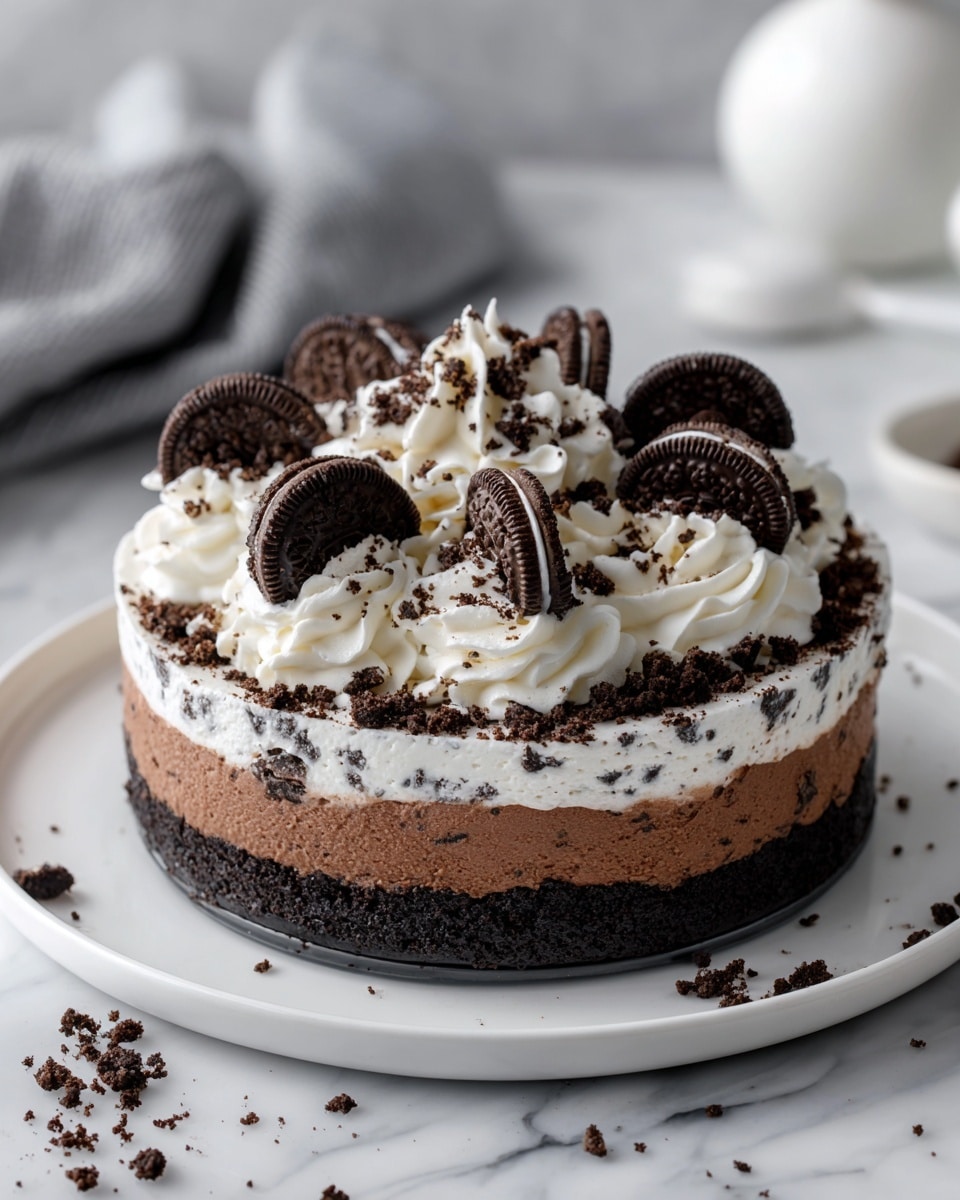 The image shows a three-layered dessert in a white oval dish on a white marbled surface. The bottom layer is a dark, crumbly chocolate cookie base, followed by a middle thick layer of creamy white filling with cookie crumbs mixed in. The top layer is a generous amount of fluffy whipped cream with crushed cookie crumbs around the sides. On top, there are whole chocolate sandwich cookies arranged in a loose pile, some with chocolate drizzle. Crumbs are scattered on the dish around the dessert. photo taken with an iphone --ar 4:5 --v 7