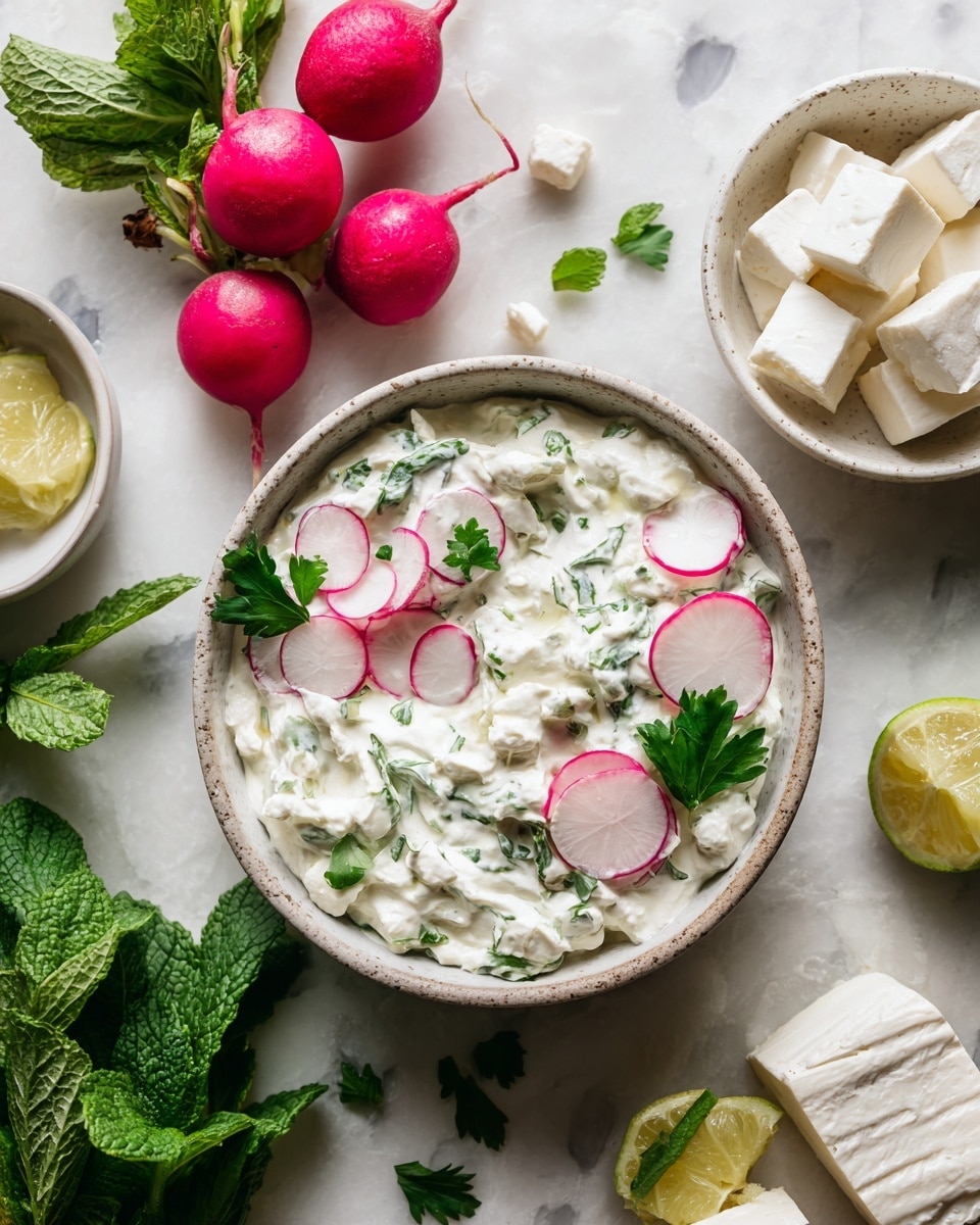 A bowl filled with thick white creamy dip speckled with green herbs is topped with thin, round slices of white radish with pink edges and small green parsley leaves scattered on top, the bowl has a light speckled beige tone. Surrounding it on a white marbled texture are three bright pink whole radishes with small roots, a small beige bowl containing white chunky cheese cubes, fresh green mint leaves, a bowl with yellow lemon wedges, and a whole green lime along with half-cut lemon pieces. Photo taken with an iphone --ar 4:5 --v 7