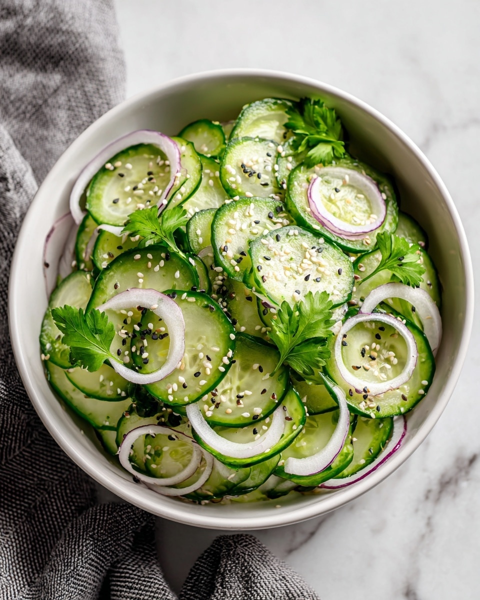 A light cucumber salad is shown in a round white bowl with a speckled rim, layered thickly with bright green cucumber slices arranged in overlapping circles. Thin rings of purple-red onion are scattered inside the cucumber layers, adding contrast. Fresh green herb leaves are spread among the cucumber and onion, adding a bright natural touch. The top layer is sprinkled with white and black sesame seeds for texture and color. The bowl rests on a white marbled surface with a gray and white striped cloth nearby and a blurred wooden cutting board in the background. Photo taken with an iphone --ar 4:5 --v 7