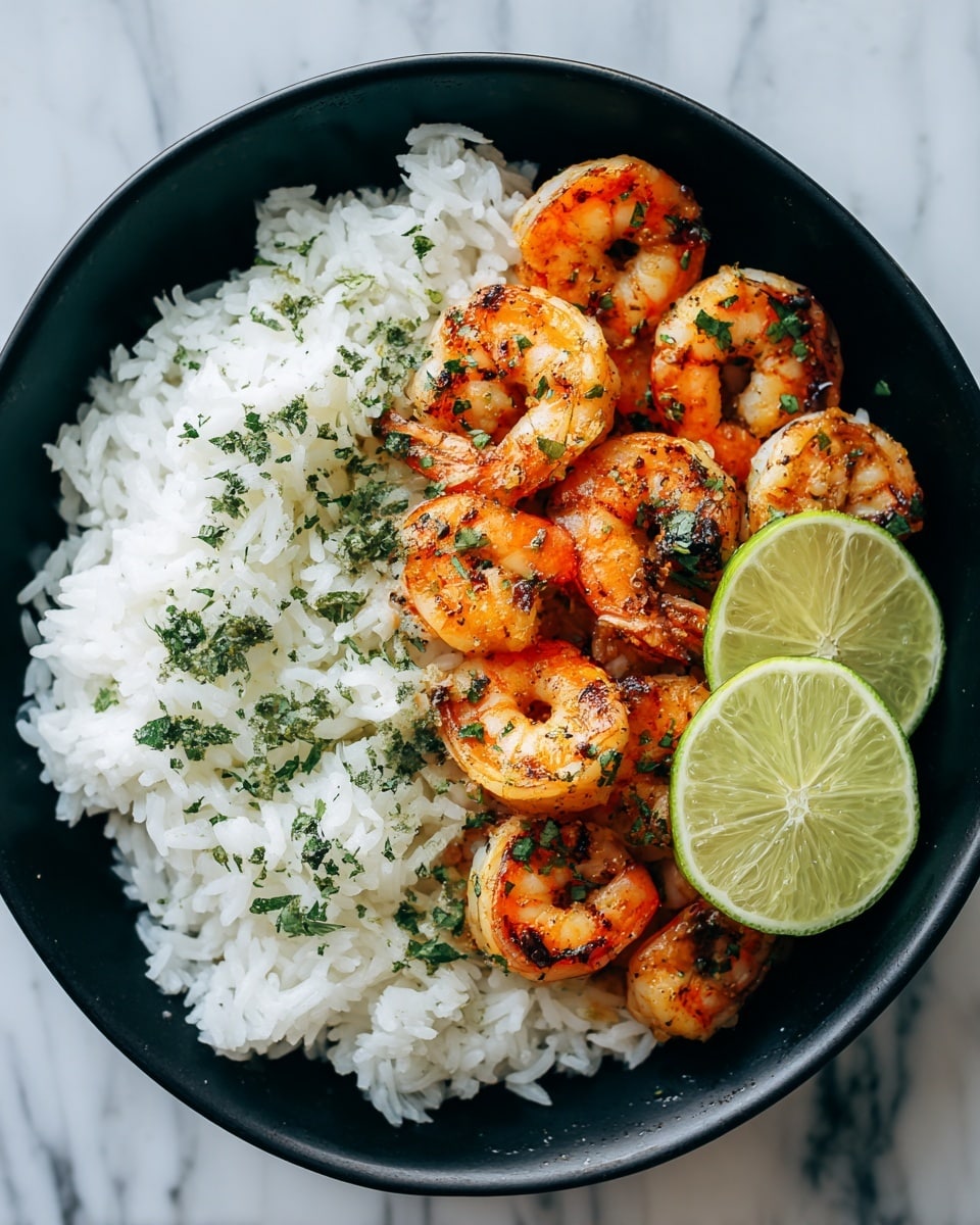 A round white bowl is filled with a base layer of fluffy white rice, topped with a layer of grilled shrimp that are orange with a slight char and sprinkled with finely chopped green herbs. Two bright green lime halves rest on the rice at the edge of the bowl. The bowl is set on a white marbled surface with a blurred white cloth visible on the side. photo taken with an iphone --ar 4:5 --v 7