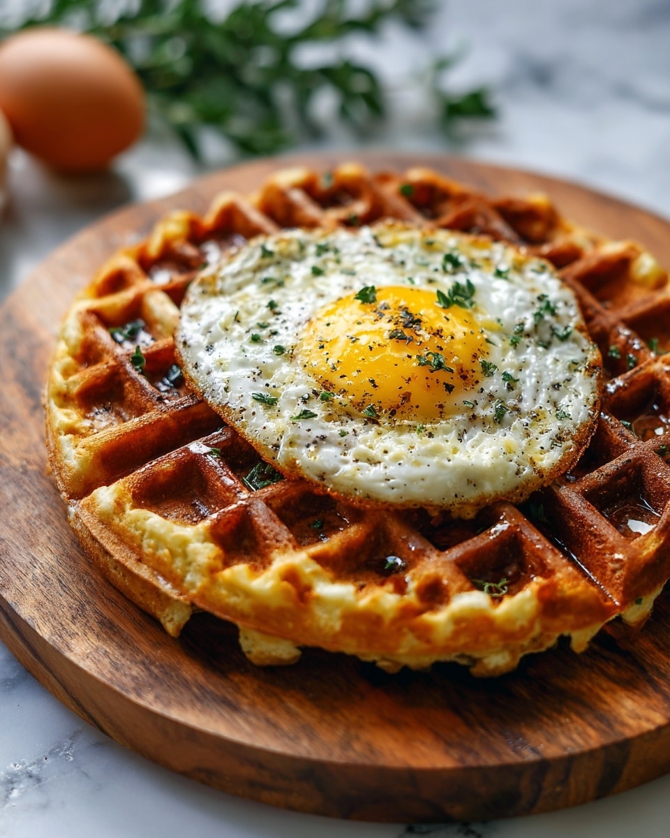 A thick golden-brown waffle with a crispy texture forms the base layer, sitting on a round wooden board. On top of the waffle is a sunny-side-up egg with a bright yellow yolk and glossy white edges, seasoned with small green herb flakes and a few black pepper specks. The egg and waffle glisten slightly with a light shine of oil or butter, adding to the fresh, appetizing look. The background has a soft focus with hints of greenery and an egg blurred in the distance, all set on a white marbled texture. photo taken with an iphone --ar 4:5 --v 7