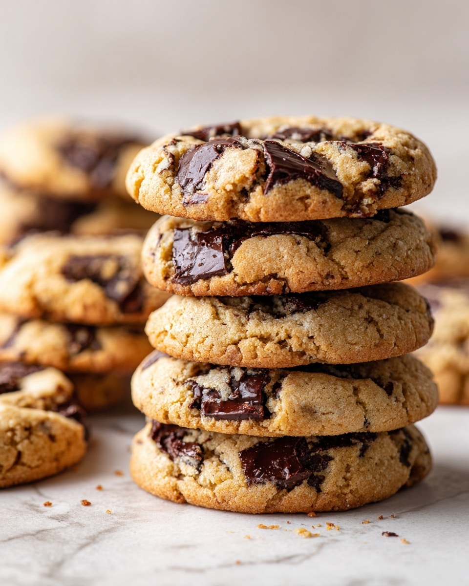 Two stacks of chocolate chip cookies are placed on a white marbled surface, each stack containing four golden-brown cookies with visible dark brown chocolate chunks embedded on top. The cookies have a slightly rough texture with some cracks, and the edges of the cookies are a crispier, darker brown compared to the softer, lighter center. Both stacks are close together, showing the thickness and softness of the cookies clearly. Photo taken with an iphone --ar 4:5 --v 7