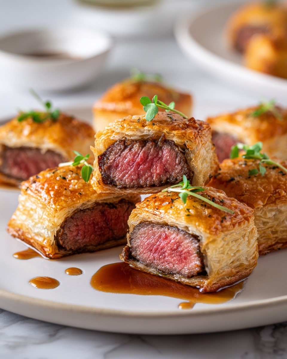 The image shows several small square-shaped pastries with golden brown, flaky puff pastry on the outside. Each pastry is cut in half, revealing a juicy, pinkish-red meat center that looks tender and cooked medium rare. The pastries are arranged on a white plate with a few drops of brown sauce and small sprigs of green herbs on top, adding a fresh touch. The background is softly blurred but shows a white bowl, all set on a white marbled texture surface. Photo taken with an iphone --ar 4:5 --v 7