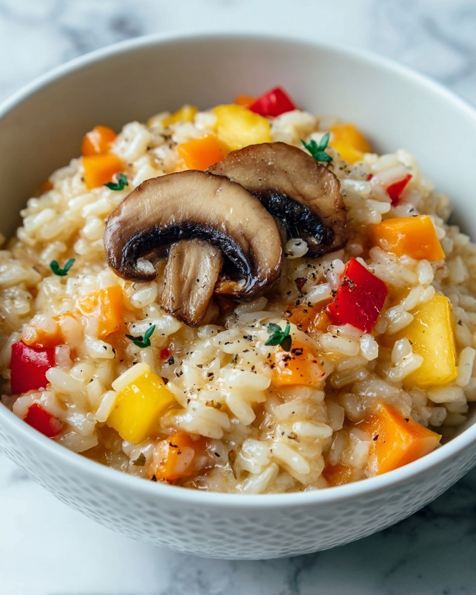 A white bowl filled with creamy risotto showing about three layers: the base layer of soft, glistening rice grains in a pale beige color, mixed with small diced pieces of orange carrot and yellow vegetable bits. On top of this layer, there are sliced brown mushrooms and bright red bell pepper pieces scattered around, adding texture and color contrast. The risotto is sprinkled with green herb leaves and small black pepper flakes, creating a speckled effect across the dish. The bowl sits on a white marbled surface, with the dish presenting a warm and hearty texture. photo taken with an iphone --ar 4:5 --v 7