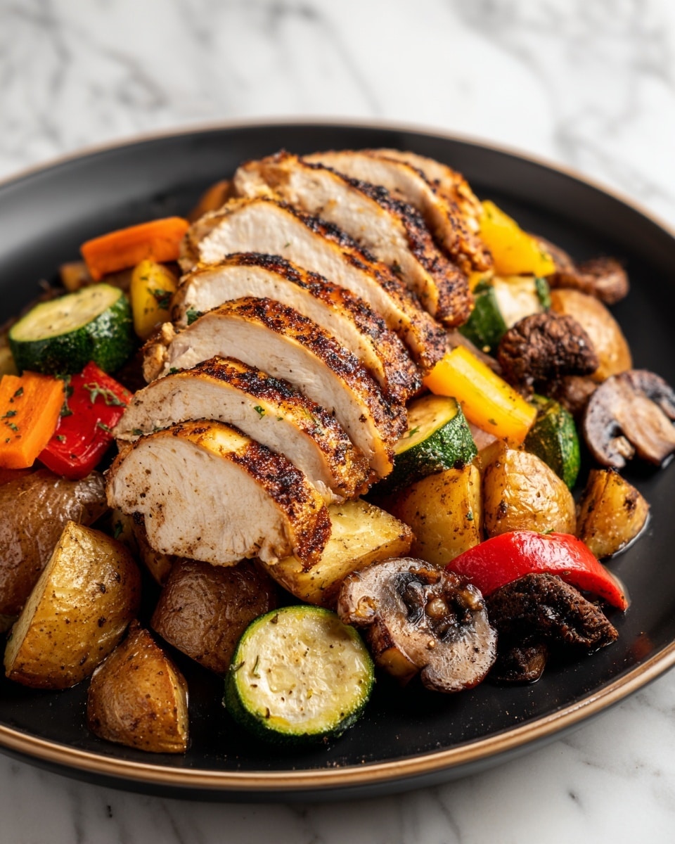 The image shows a plate with three main layers. The bottom layer is made of small round yellow potato halves with a slightly shiny and oily texture. The middle layer has mixed vegetables including yellow, orange, and green pieces, as well as dark brown mushroom pieces, all looking roasted with black pepper flakes. The top layer consists of thick slices of grilled chicken breast, golden brown with charred spots and a juicy texture, placed neatly on top of the vegetables and potatoes. The dish is served on a white plate, set on a white marbled surface. photo taken with an iphone --ar 4:5 --v 7