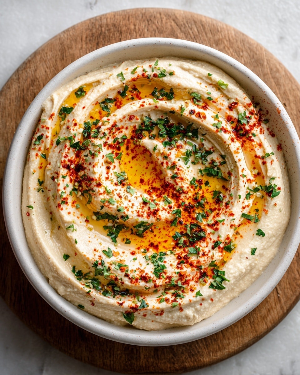The dish is a creamy beige hummus served in a white round bowl, with a smooth but slightly textured surface. The hummus is swirled to create a spiral pattern with charred dark brown spots scattered across the top. There is a drizzle of golden olive oil pooling in the swirls, and green chopped herbs like parsley are sprinkled generously over the surface, adding a fresh contrast to the warm colors. The bowl is placed on a brown wooden board with a white marbled texture visible in the background. photo taken with an iphone --ar 4:5 --v 7